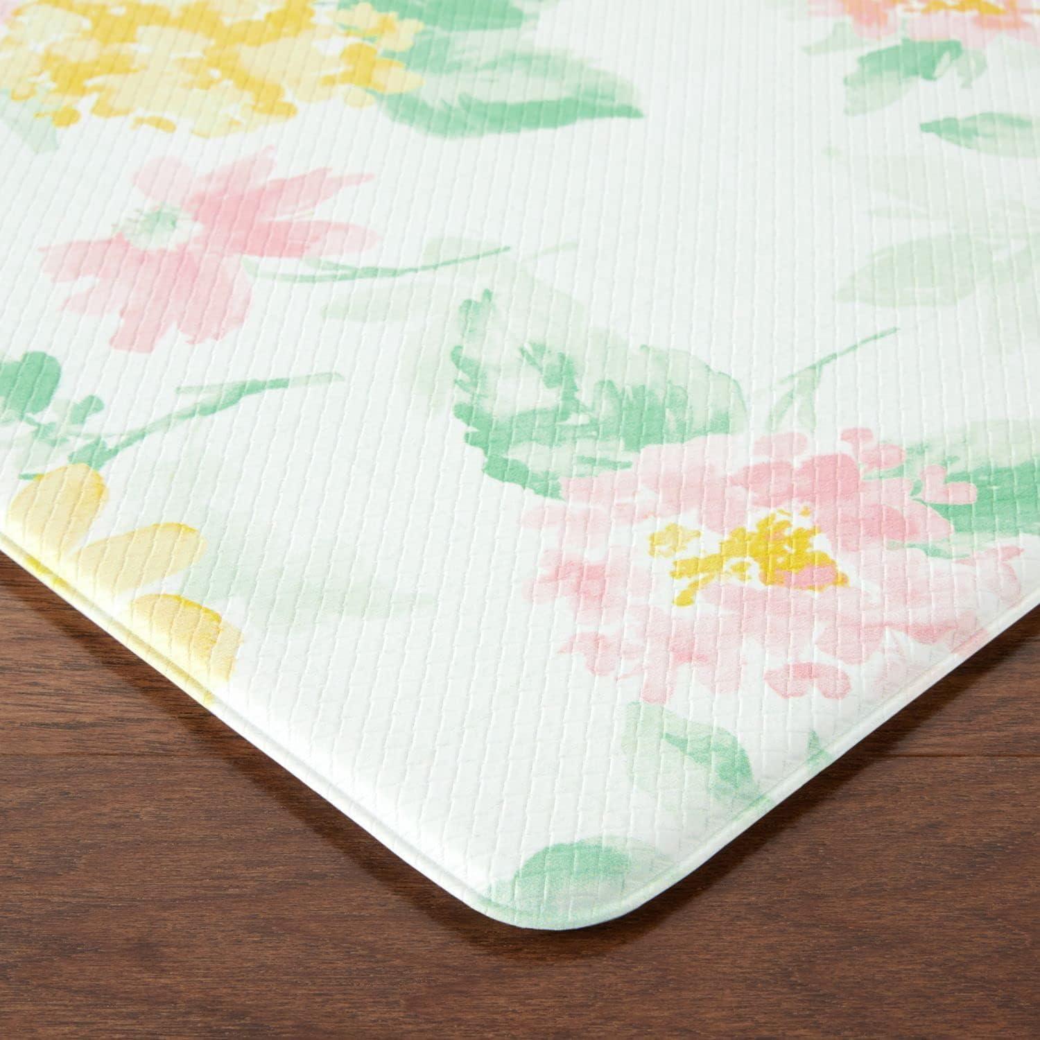 imageMartha Stewart Amber Floral Daisy Stripe Reverisble Water Resistant Kitchen Mat YellowCoral 20quotx30quotPinkYellowGreen