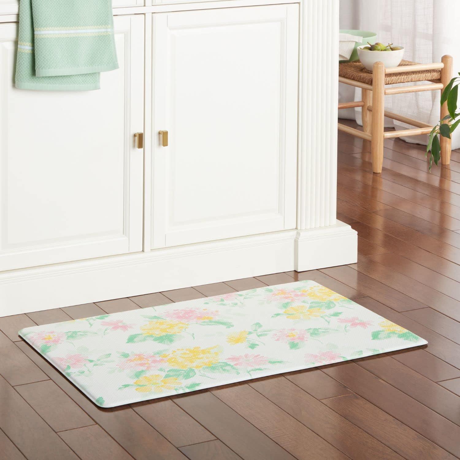 imageMartha Stewart Amber Floral Daisy Stripe Reverisble Water Resistant Kitchen Mat YellowCoral 20quotx30quotPinkYellowGreen
