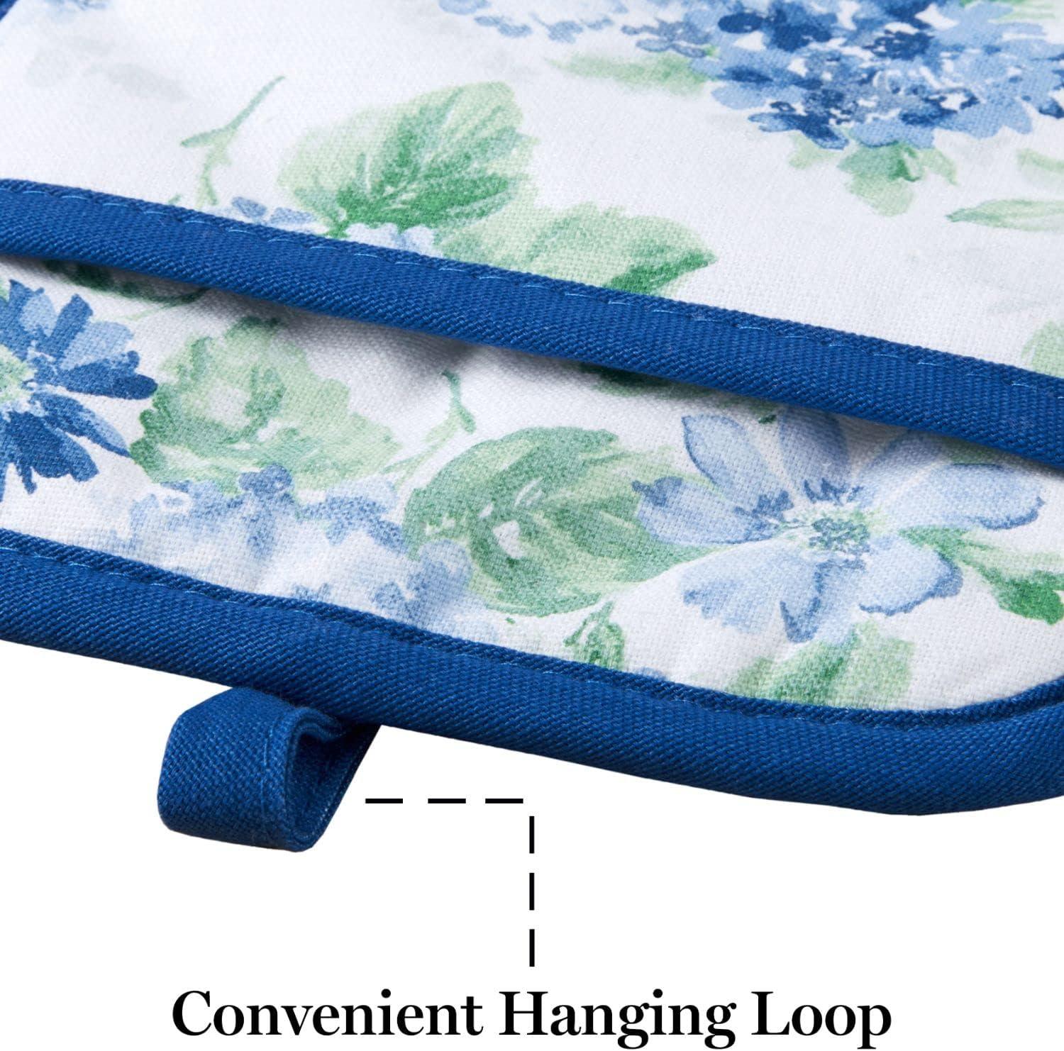 imageMartha Stewart Amber Floral Oven Mitt ampamp Pot Holder Set 2Pack PinkYellow OM 7quotx13quot ampamp PH 7quotx10quotBlue