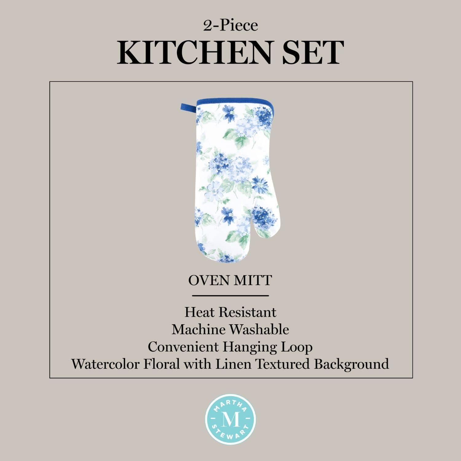 imageMartha Stewart Amber Floral Oven Mitt ampamp Pot Holder Set 2Pack PinkYellow OM 7quotx13quot ampamp PH 7quotx10quotBlue