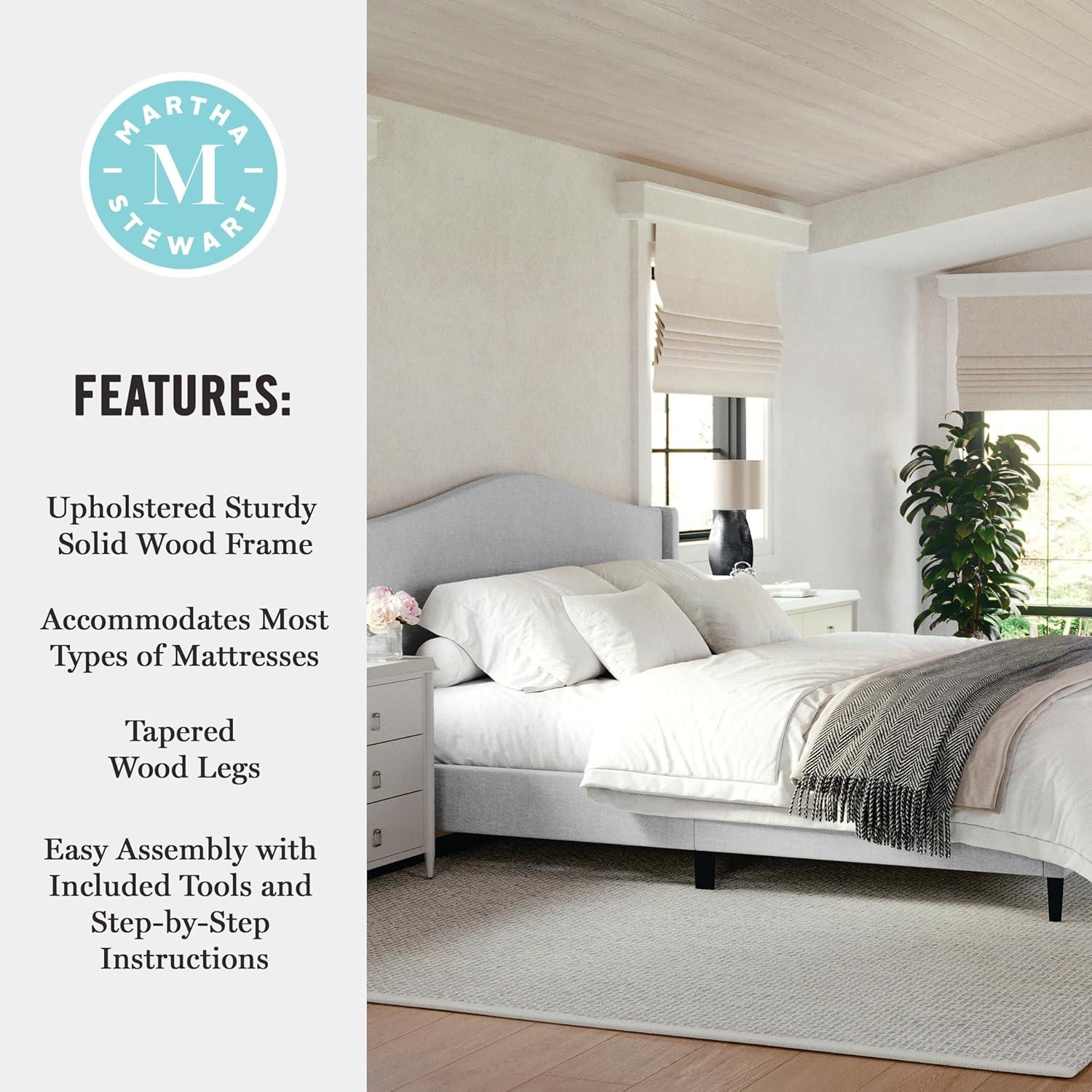 imageMartha Stewart Amelia Platform Bed with Curved Headboard and Cushioned Side Rails Faux Linen Upholstery Wood Slat Foundation No Box Spring Needed Queen BeigeGray FabricBlack Legs