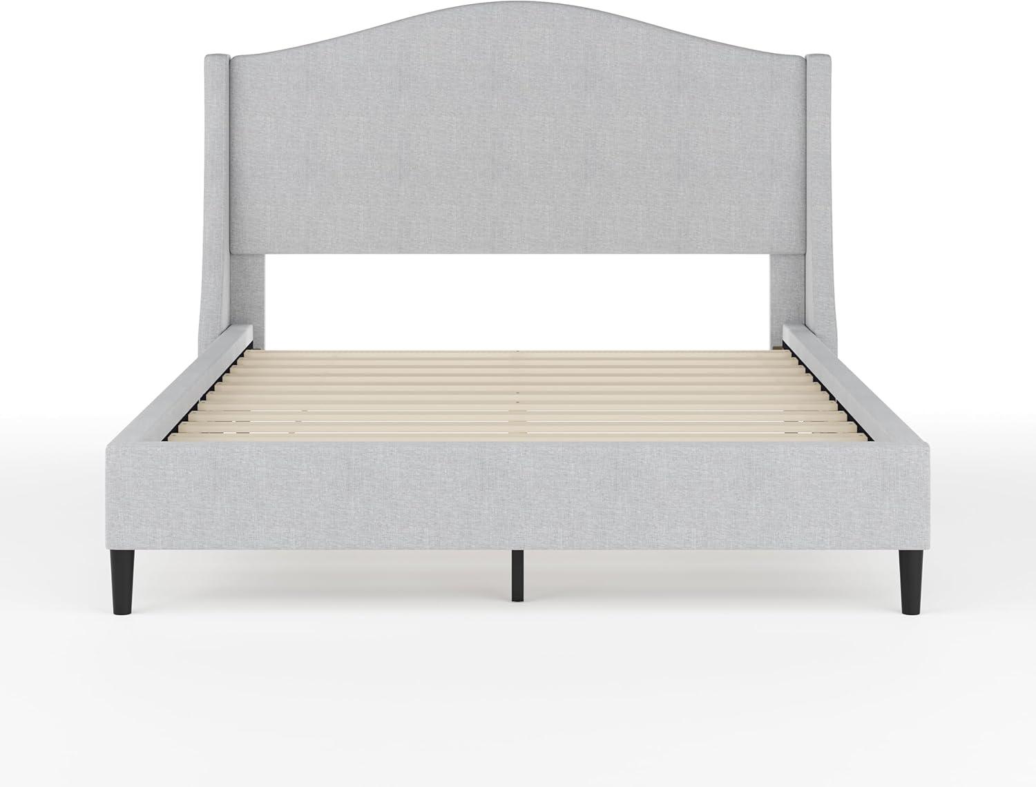 imageMartha Stewart Amelia Platform Bed with Curved Headboard and Cushioned Side Rails Faux Linen Upholstery Wood Slat Foundation No Box Spring Needed Queen BeigeGray FabricBlack Legs
