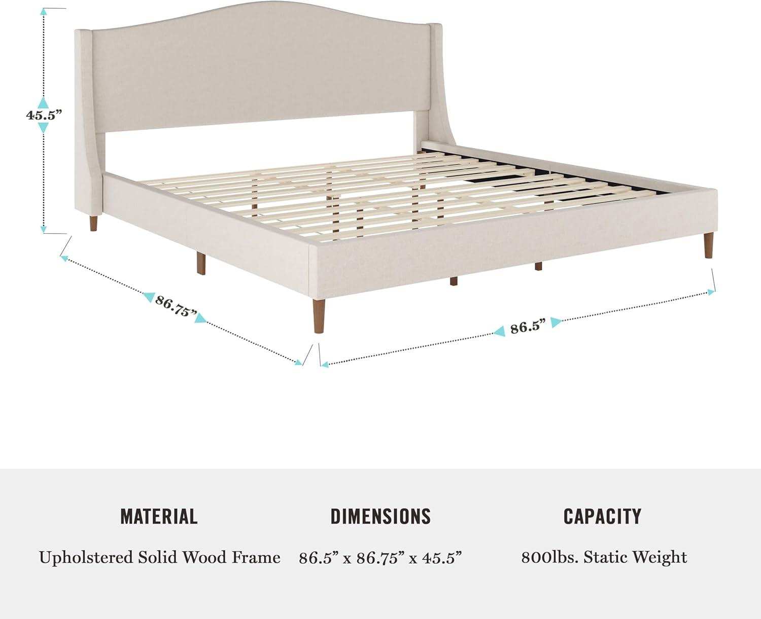 imageMartha Stewart Amelia Platform Bed with Curved Headboard and Cushioned Side Rails Faux Linen Upholstery Wood Slat Foundation No Box Spring Needed Queen BeigeBeige FabricWalnut Legs