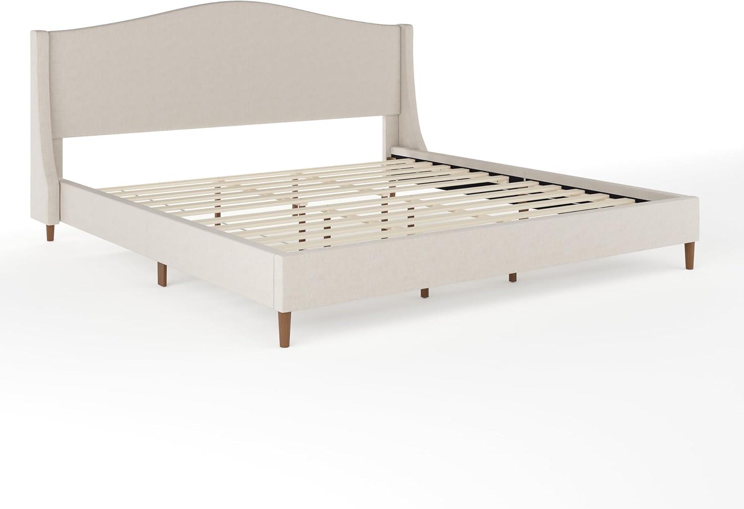 imageMartha Stewart Amelia Platform Bed with Curved Headboard and Cushioned Side Rails Faux Linen Upholstery Wood Slat Foundation No Box Spring Needed Queen BeigeBeige FabricWalnut Legs