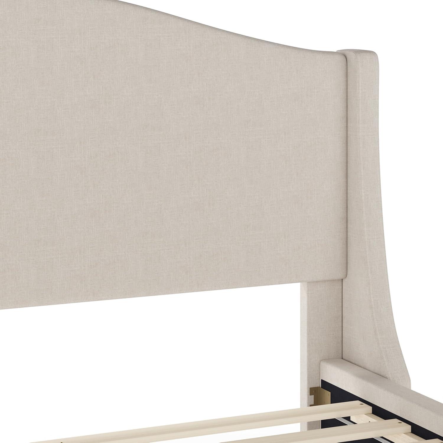 imageMartha Stewart Amelia Platform Bed with Curved Headboard and Cushioned Side Rails Faux Linen Upholstery Wood Slat Foundation No Box Spring Needed Queen BeigeBeige FabricWalnut Legs