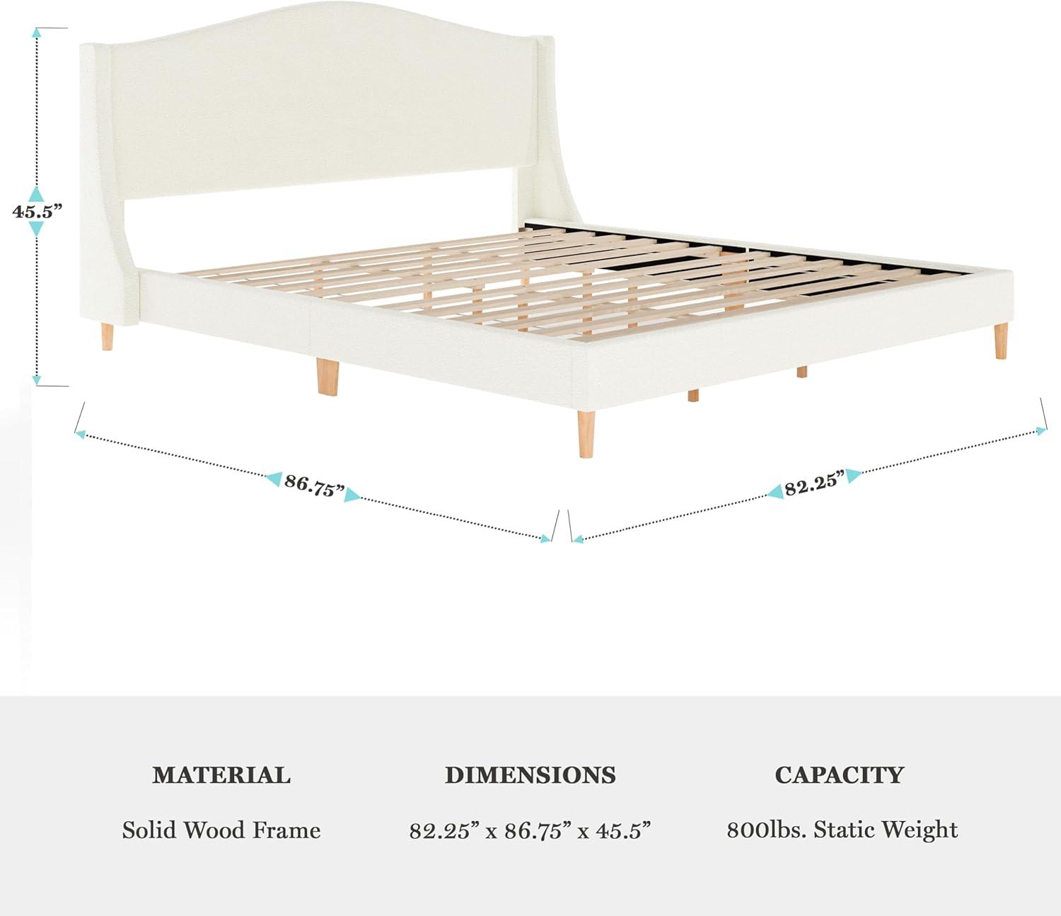imageMartha Stewart Amelia Platform Bed with Curved Headboard and Cushioned Side Rails Faux Linen Upholstery Wood Slat Foundation No Box Spring Needed Queen BeigeOffwhite BoucleLight Beech Legs