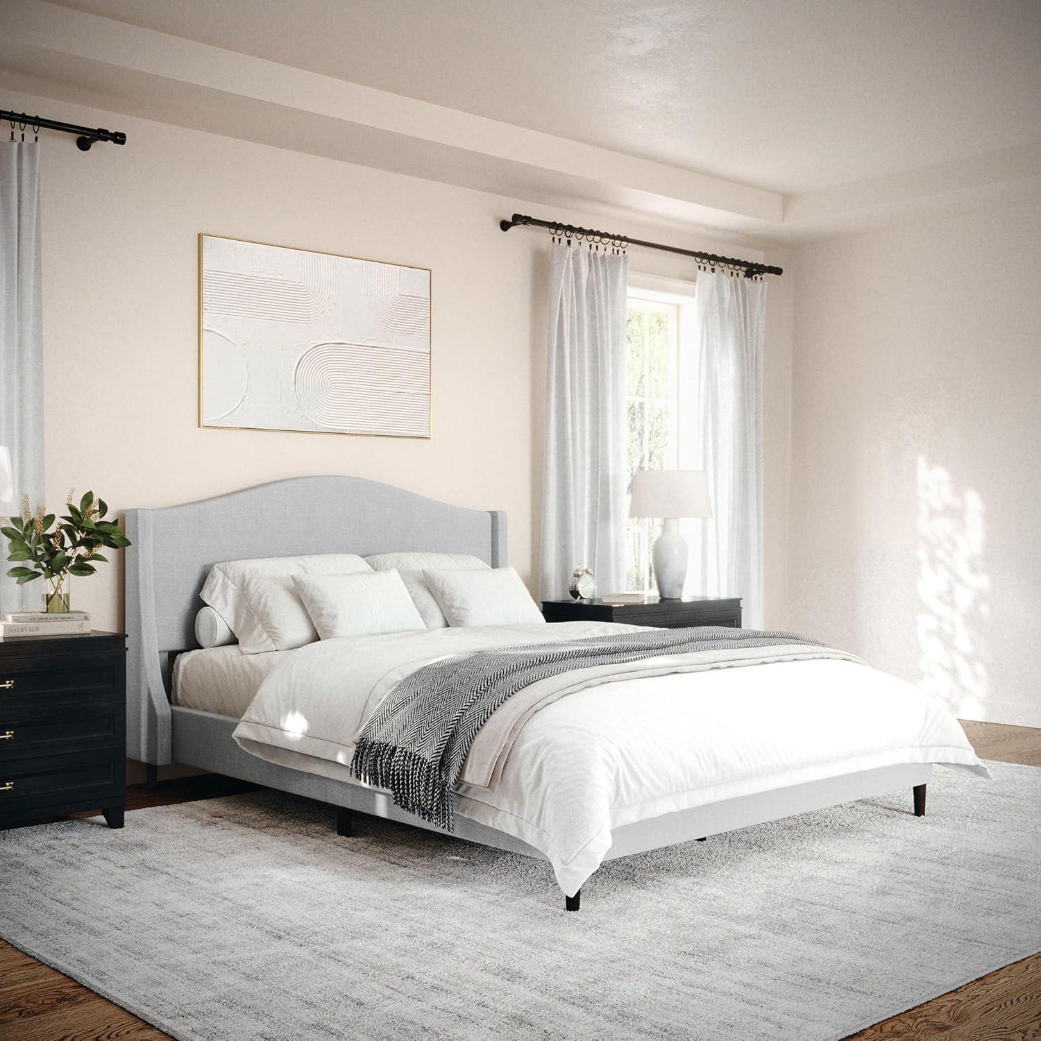 imageMartha Stewart Amelia Platform Bed with Curved Headboard and Cushioned Side Rails Faux Linen Upholstery Wood Slat Foundation No Box Spring Needed Queen BeigeGray FabricBlack Legs