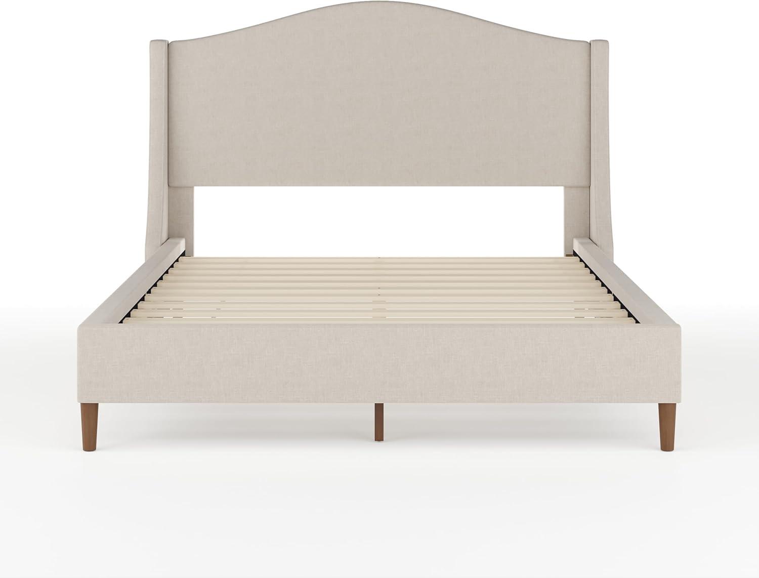 imageMartha Stewart Amelia Platform Bed with Curved Headboard and Cushioned Side Rails Faux Linen Upholstery Wood Slat Foundation No Box Spring Needed Queen BeigeBeige FabricWalnut Legs