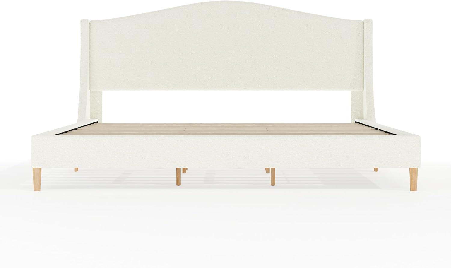 imageMartha Stewart Amelia Platform Bed with Curved Headboard and Cushioned Side Rails Faux Linen Upholstery Wood Slat Foundation No Box Spring Needed Queen BeigeOffwhite BoucleLight Beech Legs