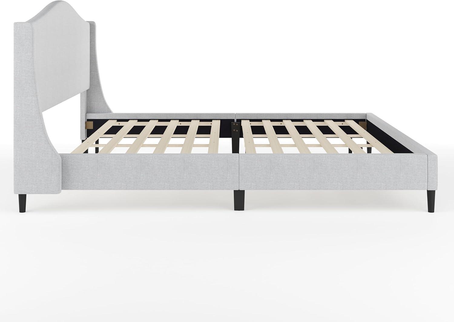 imageMartha Stewart Amelia Platform Bed with Curved Headboard and Cushioned Side Rails Faux Linen Upholstery Wood Slat Foundation No Box Spring Needed Queen BeigeGray FabricBlack Legs