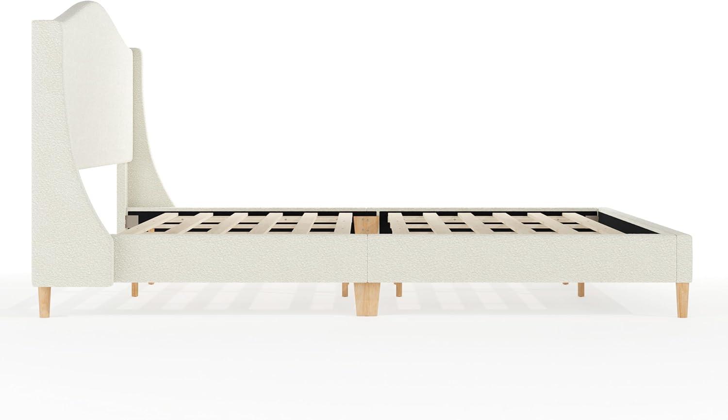 imageMartha Stewart Amelia Platform Bed with Curved Headboard and Cushioned Side Rails Faux Linen Upholstery Wood Slat Foundation No Box Spring Needed Queen BeigeOffwhite BoucleLight Beech Legs