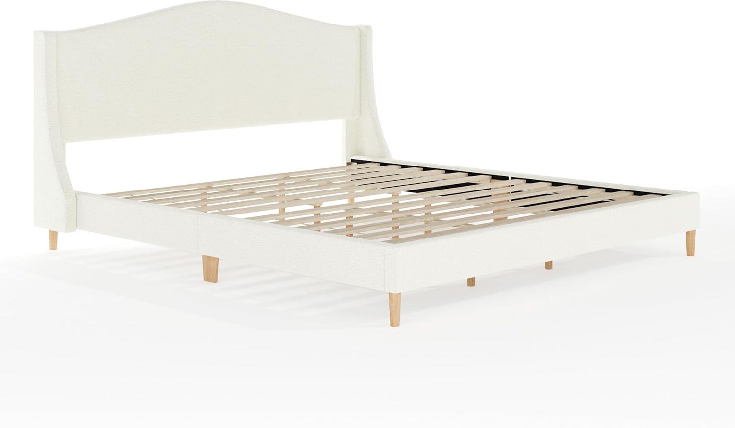 imageMartha Stewart Amelia Platform Bed with Curved Headboard and Cushioned Side Rails Faux Linen Upholstery Wood Slat Foundation No Box Spring Needed Queen BeigeOffwhite BoucleLight Beech Legs