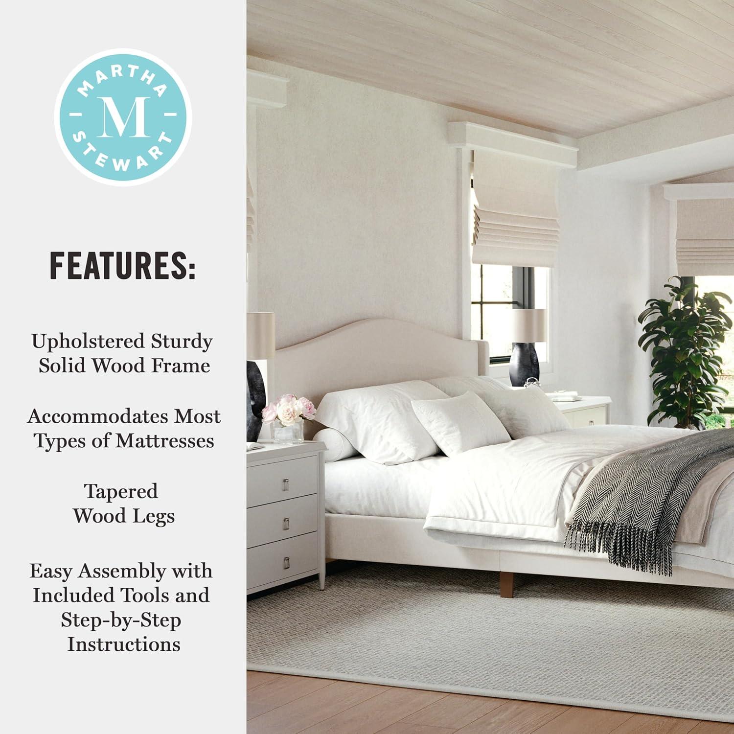 imageMartha Stewart Amelia Platform Bed with Curved Headboard and Cushioned Side Rails Faux Linen Upholstery Wood Slat Foundation No Box Spring Needed Queen BeigeBeige FabricWalnut Legs