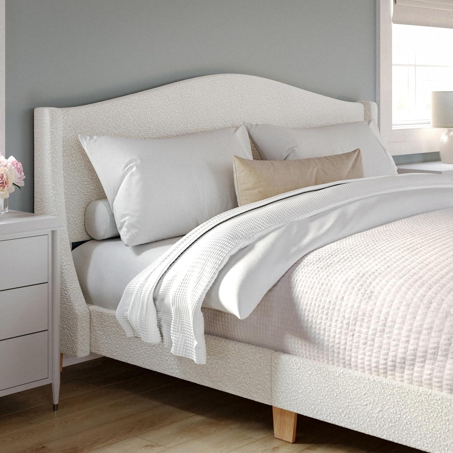 imageMartha Stewart Amelia Platform Bed with Curved Headboard and Cushioned Side Rails Faux Linen Upholstery Wood Slat Foundation No Box Spring Needed Queen BeigeOffwhite BoucleLight Beech Legs