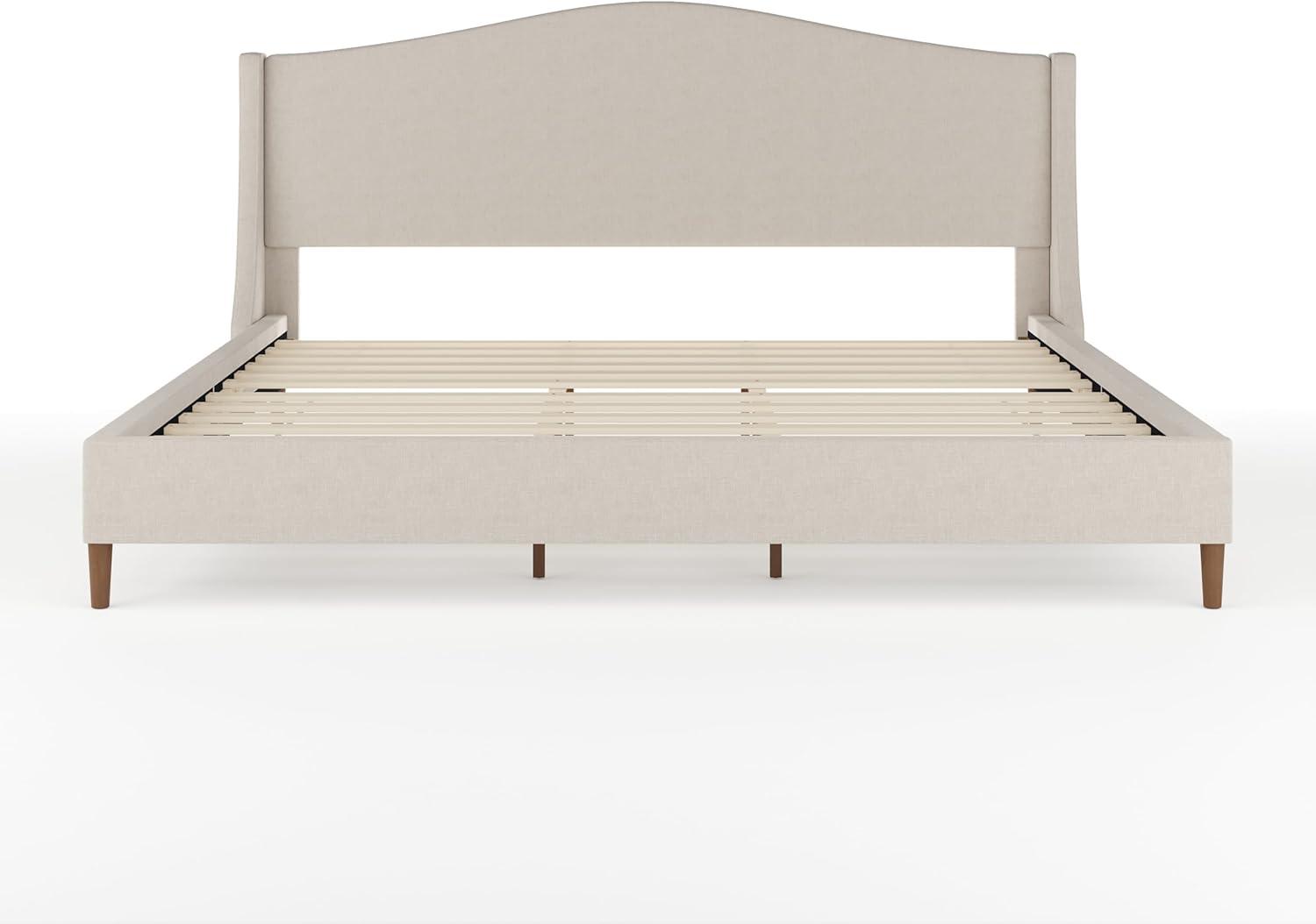 imageMartha Stewart Amelia Platform Bed with Curved Headboard and Cushioned Side Rails Faux Linen Upholstery Wood Slat Foundation No Box Spring Needed Queen BeigeBeige FabricWalnut Legs