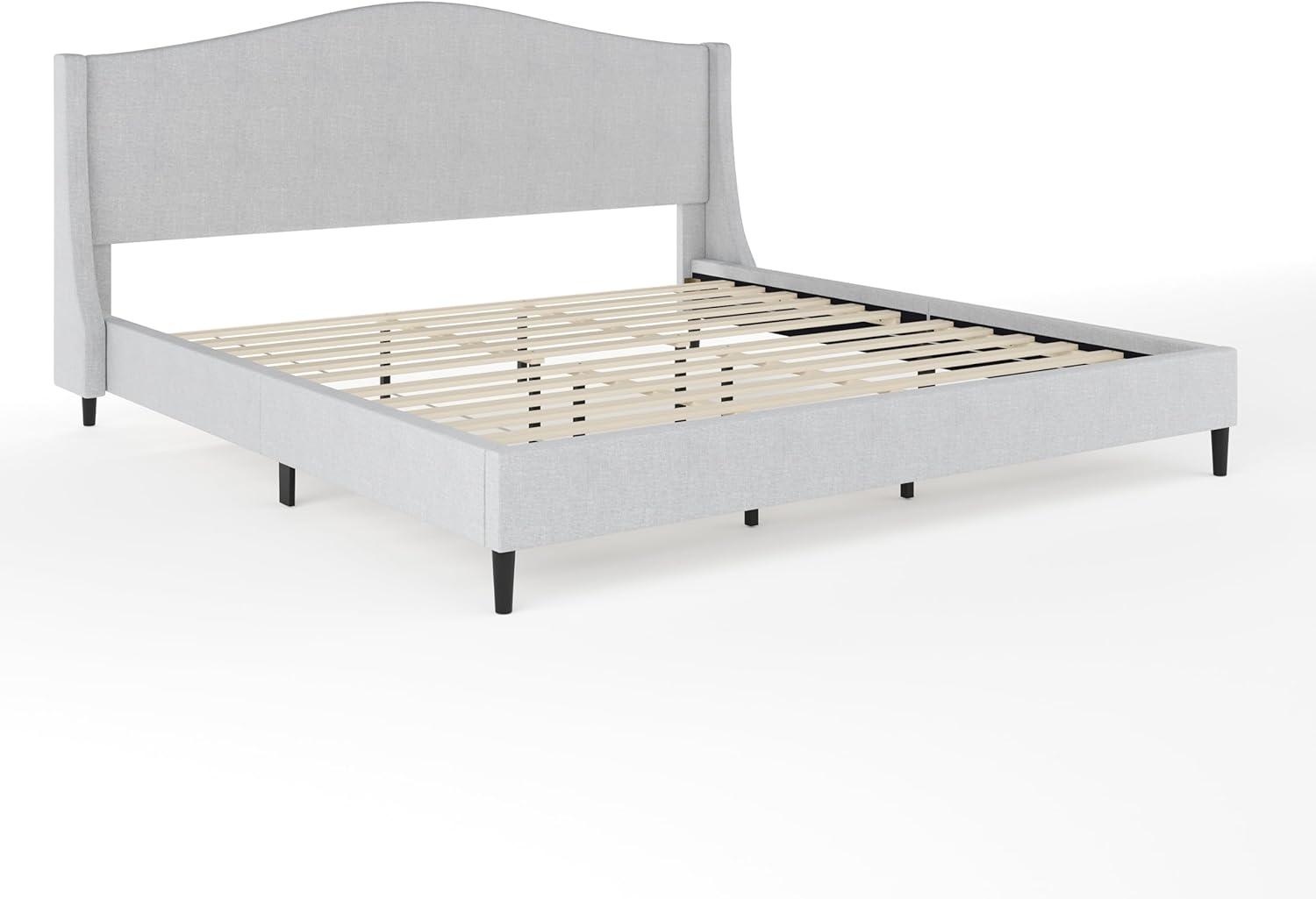 imageMartha Stewart Amelia Platform Bed with Curved Headboard and Cushioned Side Rails Faux Linen Upholstery Wood Slat Foundation No Box Spring Needed Queen BeigeGray FabricBlack Legs