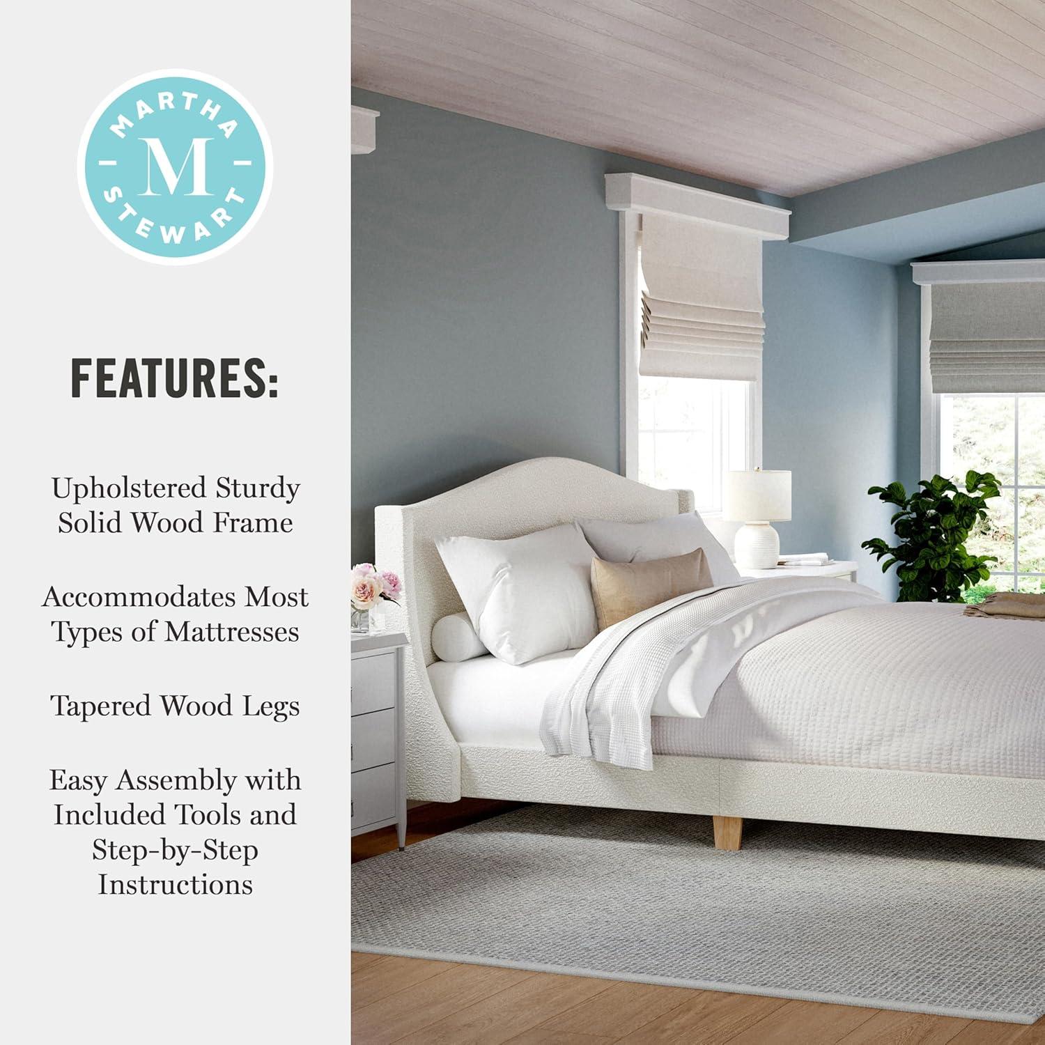 imageMartha Stewart Amelia Platform Bed with Curved Headboard and Cushioned Side Rails Faux Linen Upholstery Wood Slat Foundation No Box Spring Needed Queen BeigeOffwhite BoucleLight Beech Legs