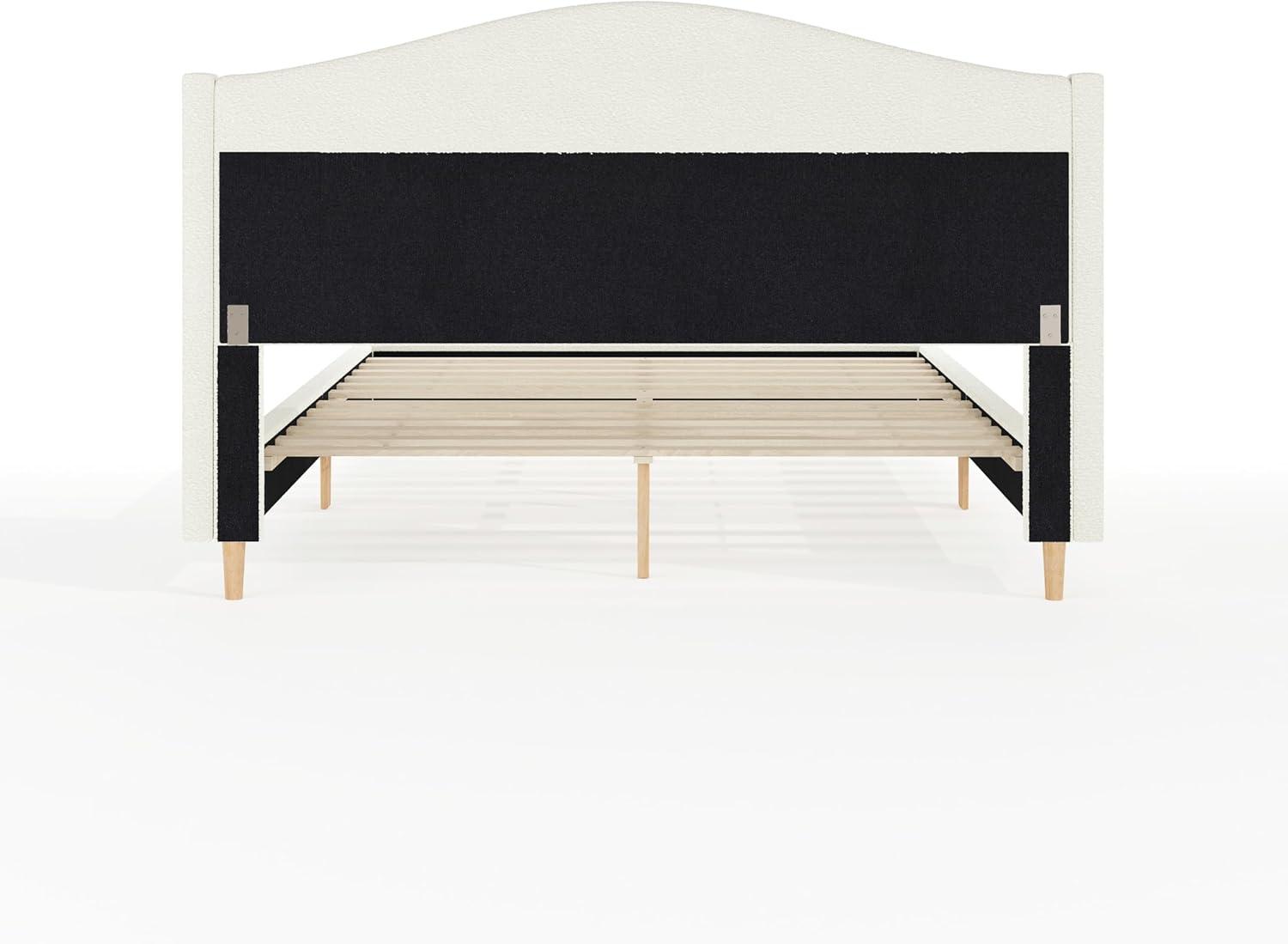 imageMartha Stewart Amelia Platform Bed with Curved Headboard and Cushioned Side Rails Faux Linen Upholstery Wood Slat Foundation No Box Spring Needed Queen BeigeOffwhite BoucleLight Beech Legs