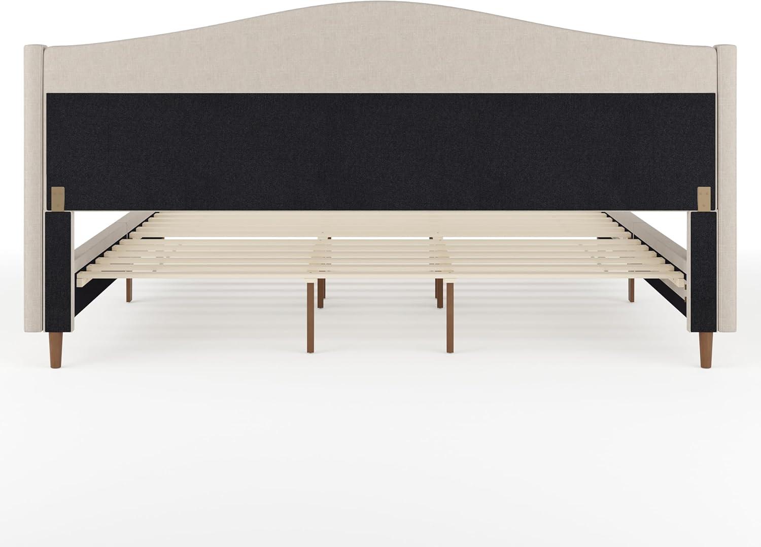 imageMartha Stewart Amelia Platform Bed with Curved Headboard and Cushioned Side Rails Faux Linen Upholstery Wood Slat Foundation No Box Spring Needed Queen BeigeBeige FabricWalnut Legs