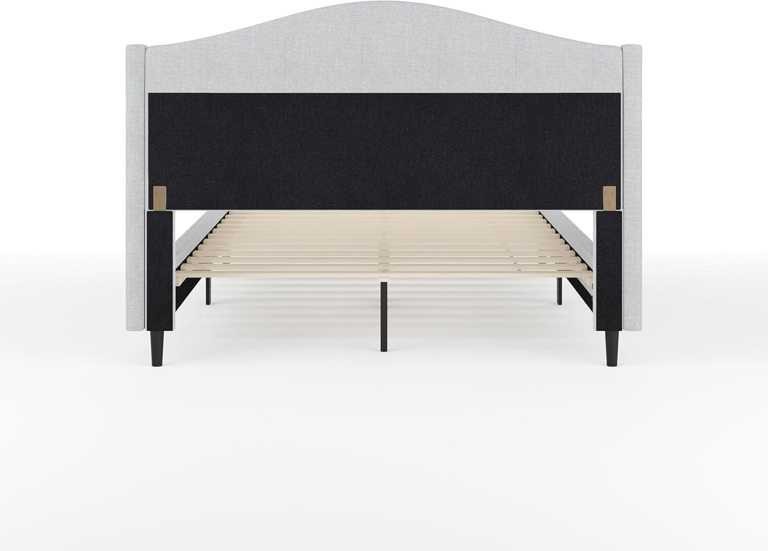 imageMartha Stewart Amelia Platform Bed with Curved Headboard and Cushioned Side Rails Faux Linen Upholstery Wood Slat Foundation No Box Spring Needed Queen BeigeGray FabricBlack Legs