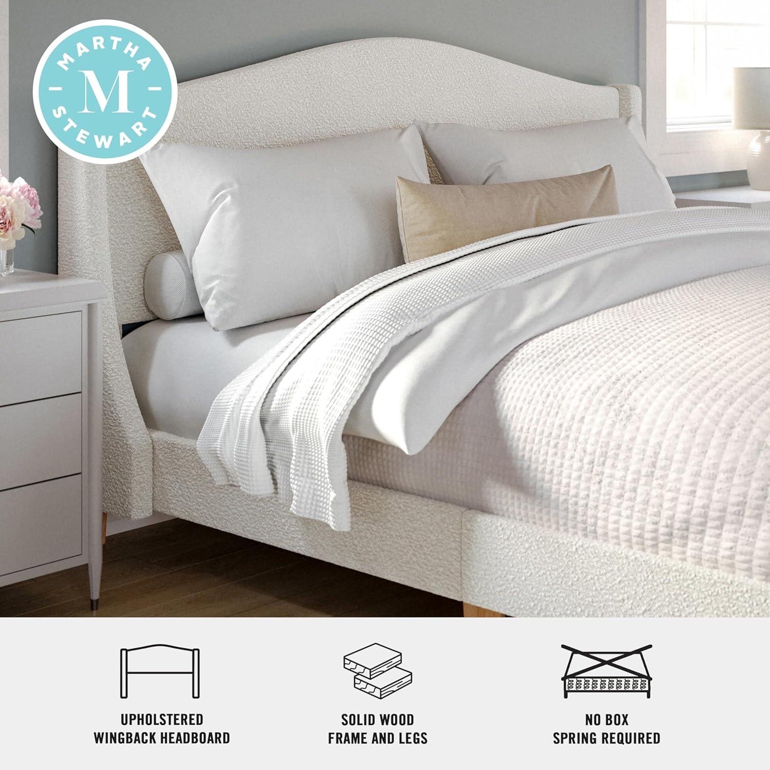 imageMartha Stewart Amelia Platform Bed with Curved Headboard and Cushioned Side Rails Faux Linen Upholstery Wood Slat Foundation No Box Spring Needed Queen BeigeOffwhite BoucleLight Beech Legs