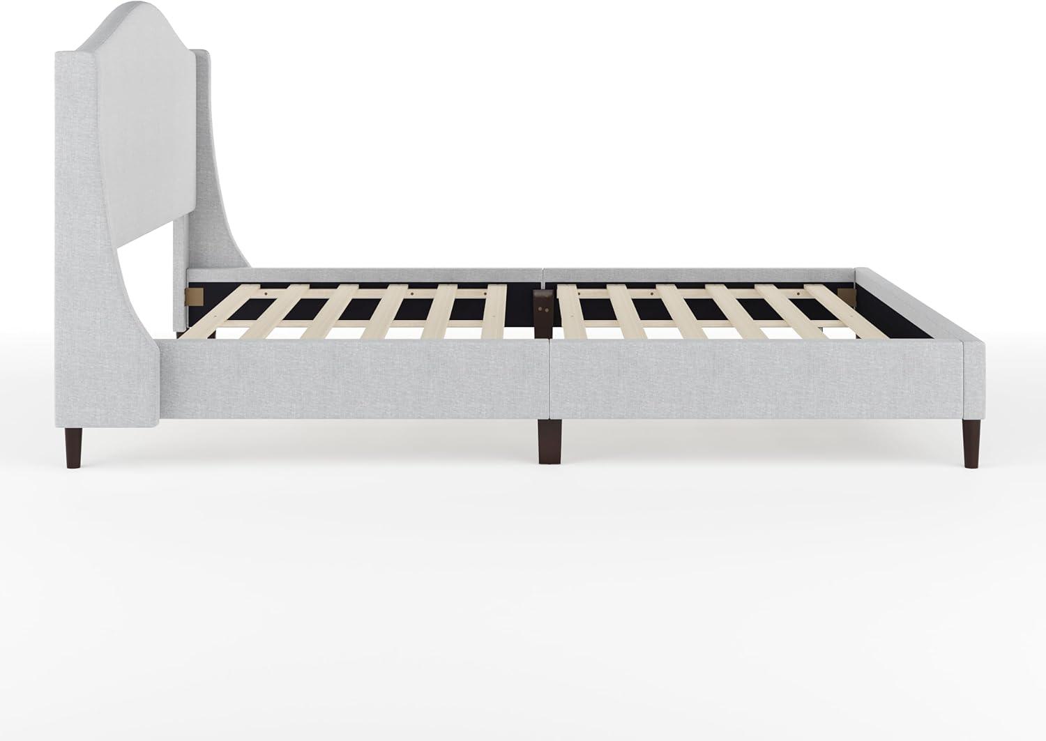 imageMartha Stewart Amelia Platform Bed with Curved Headboard and Cushioned Side Rails Faux Linen Upholstery Wood Slat Foundation No Box Spring Needed Queen BeigeGray FabricBlack Legs