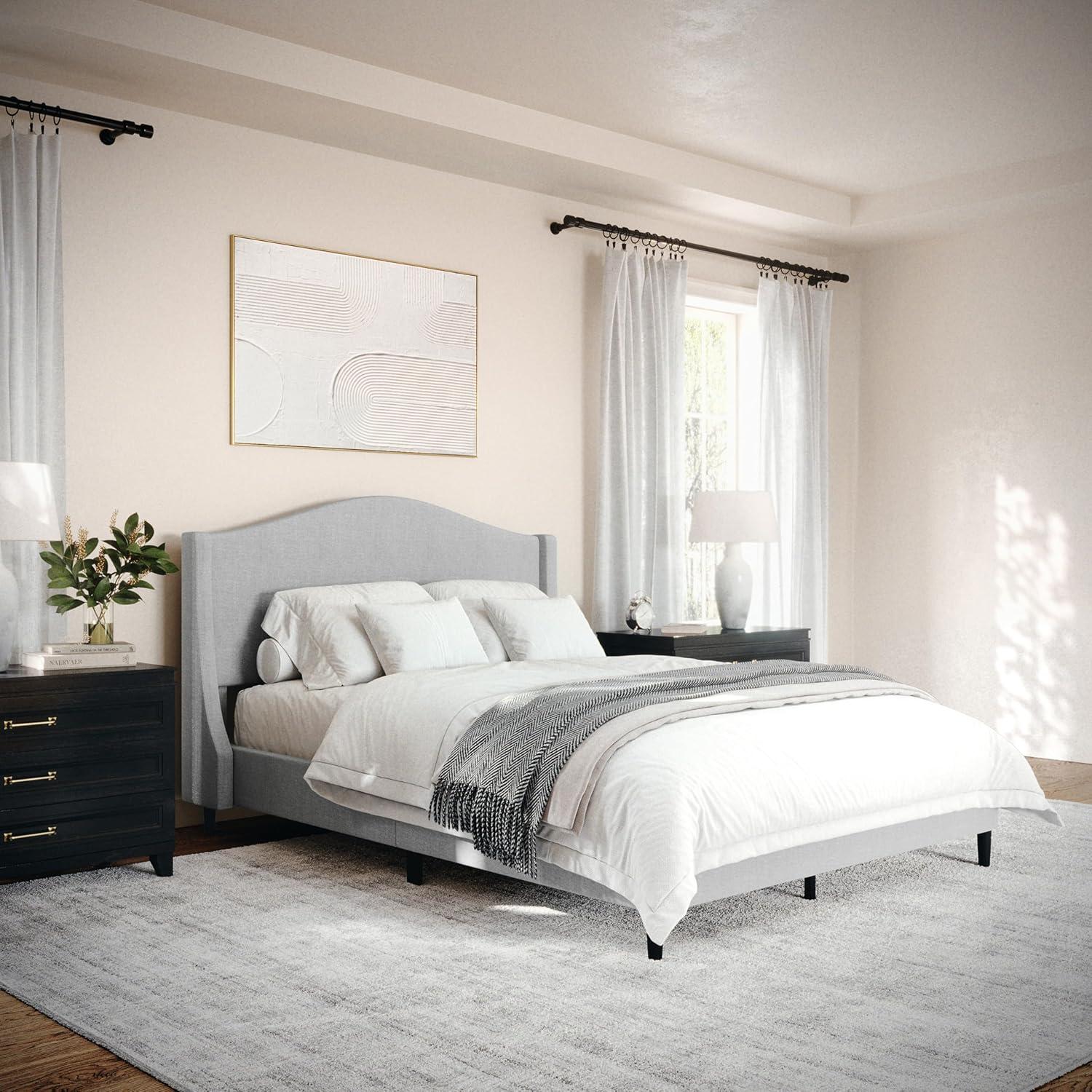 imageMartha Stewart Amelia Platform Bed with Curved Headboard and Cushioned Side Rails Faux Linen Upholstery Wood Slat Foundation No Box Spring Needed Queen BeigeGray FabricBlack Legs