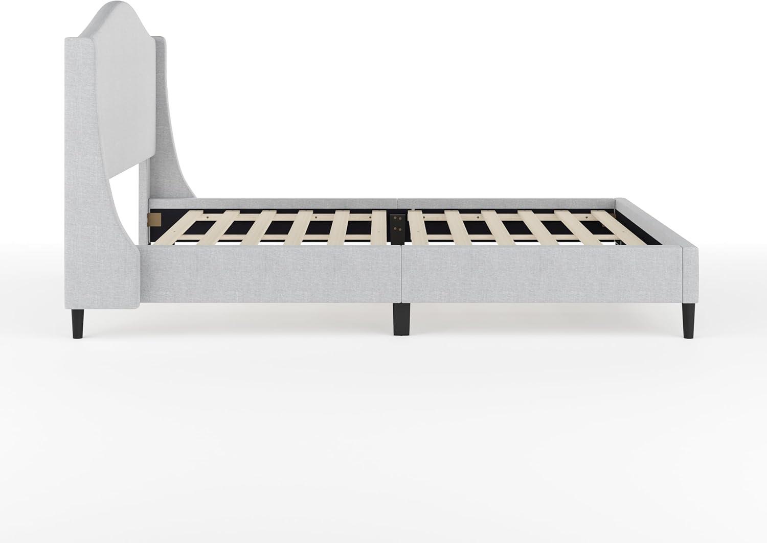 imageMartha Stewart Amelia Platform Bed with Curved Headboard and Cushioned Side Rails Faux Linen Upholstery Wood Slat Foundation No Box Spring Needed Queen BeigeGray FabricBlack Legs