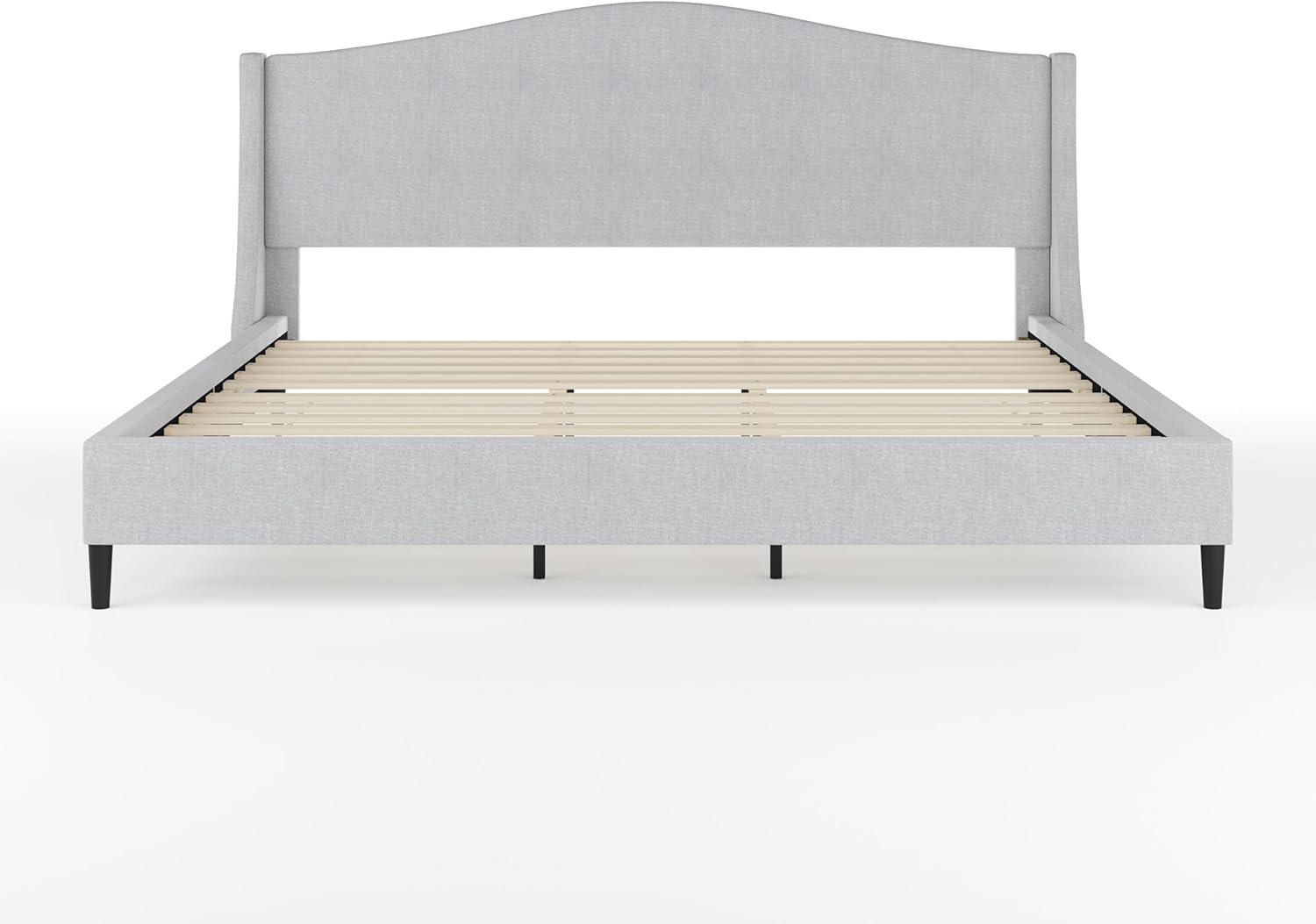 imageMartha Stewart Amelia Platform Bed with Curved Headboard and Cushioned Side Rails Faux Linen Upholstery Wood Slat Foundation No Box Spring Needed Queen BeigeGray FabricBlack Legs