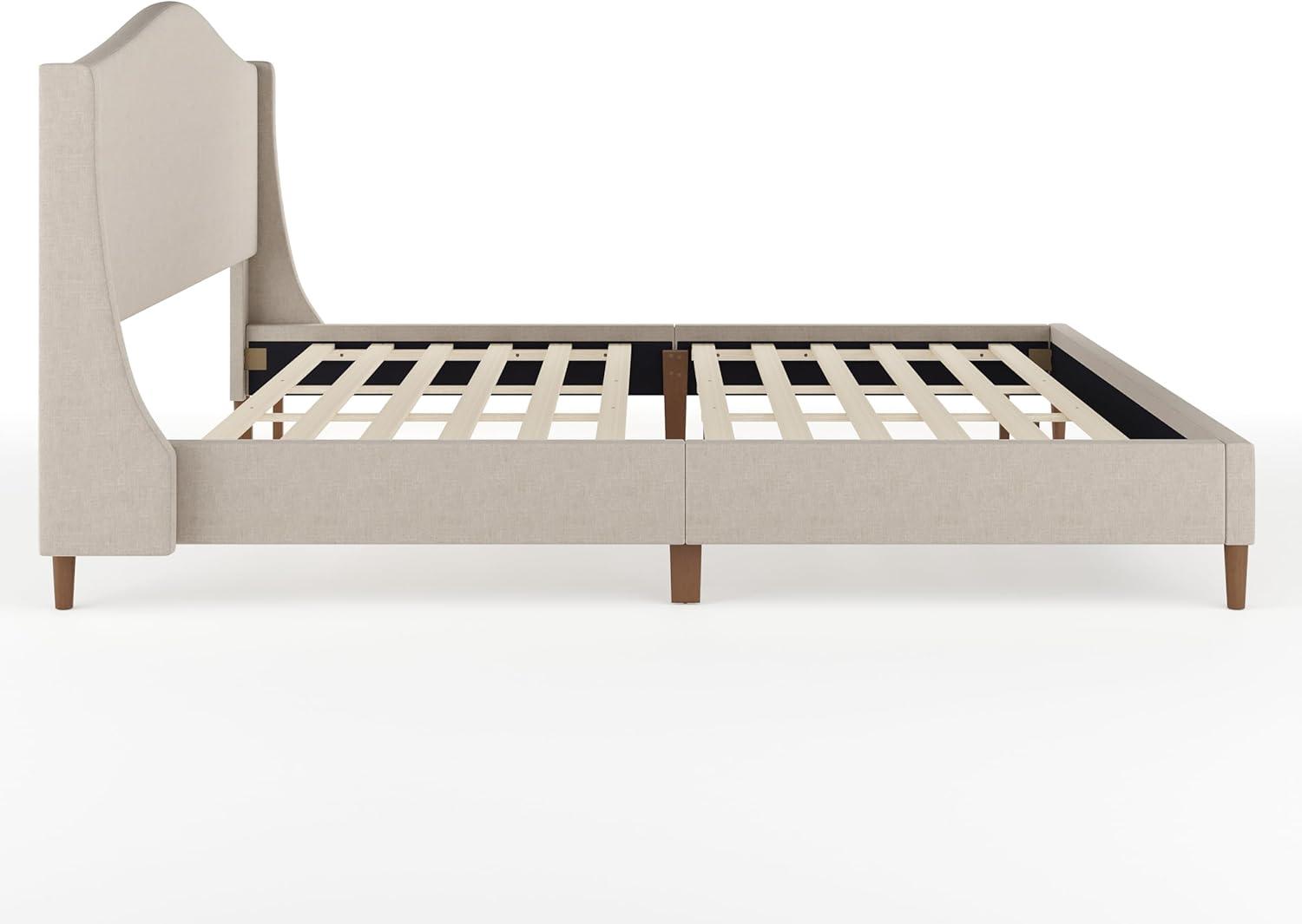 imageMartha Stewart Amelia Platform Bed with Curved Headboard and Cushioned Side Rails Faux Linen Upholstery Wood Slat Foundation No Box Spring Needed Queen BeigeBeige FabricWalnut Legs