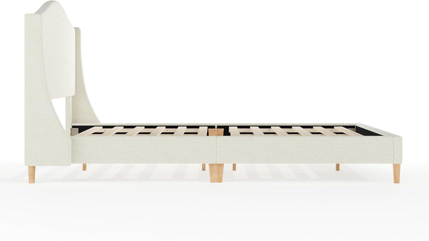 imageMartha Stewart Amelia Platform Bed with Curved Headboard and Cushioned Side Rails Faux Linen Upholstery Wood Slat Foundation No Box Spring Needed Queen BeigeOffwhite BoucleLight Beech Legs