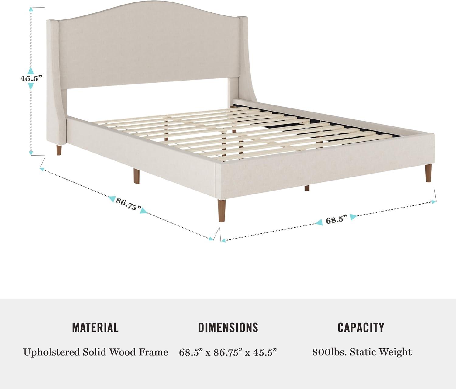 imageMartha Stewart Amelia Platform Bed with Curved Headboard and Cushioned Side Rails Faux Linen Upholstery Wood Slat Foundation No Box Spring Needed Queen BeigeBeige FabricWalnut Legs