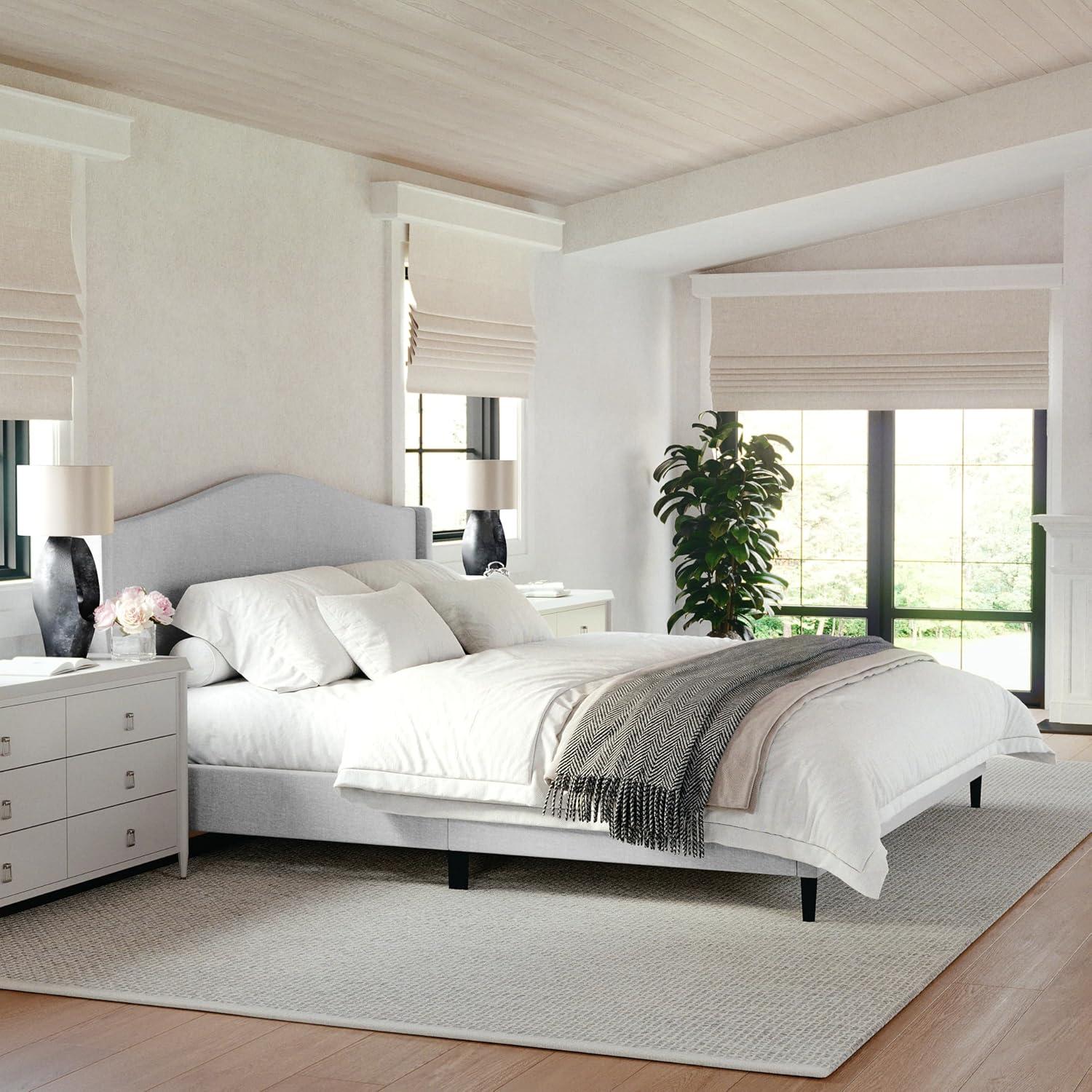 imageMartha Stewart Amelia Platform Bed with Curved Headboard and Cushioned Side Rails Faux Linen Upholstery Wood Slat Foundation No Box Spring Needed Queen BeigeGray FabricBlack Legs