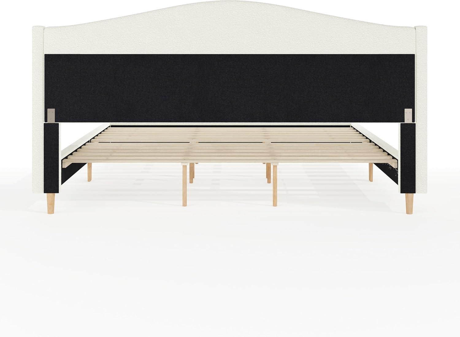 imageMartha Stewart Amelia Platform Bed with Curved Headboard and Cushioned Side Rails Faux Linen Upholstery Wood Slat Foundation No Box Spring Needed Queen BeigeOffwhite BoucleLight Beech Legs