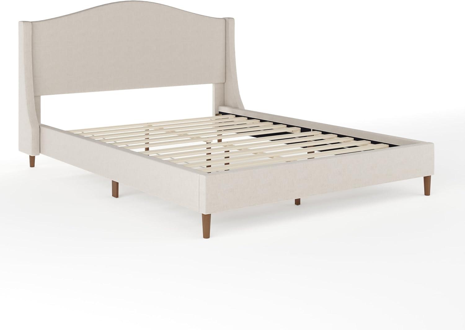 imageMartha Stewart Amelia Platform Bed with Curved Headboard and Cushioned Side Rails Faux Linen Upholstery Wood Slat Foundation No Box Spring Needed Queen BeigeBeige FabricWalnut Legs