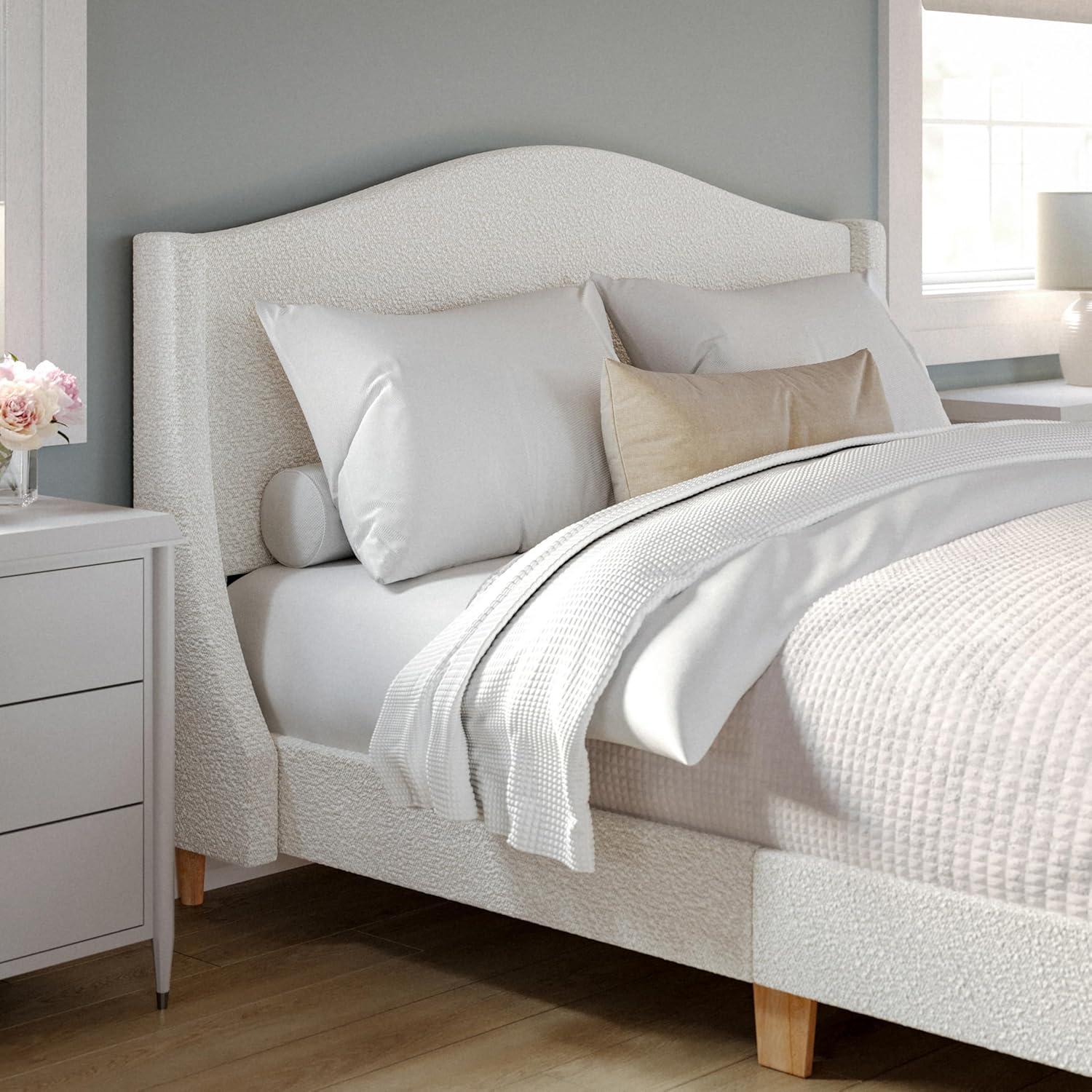 imageMartha Stewart Amelia Platform Bed with Curved Headboard and Cushioned Side Rails Faux Linen Upholstery Wood Slat Foundation No Box Spring Needed Queen BeigeOffwhite BoucleLight Beech Legs