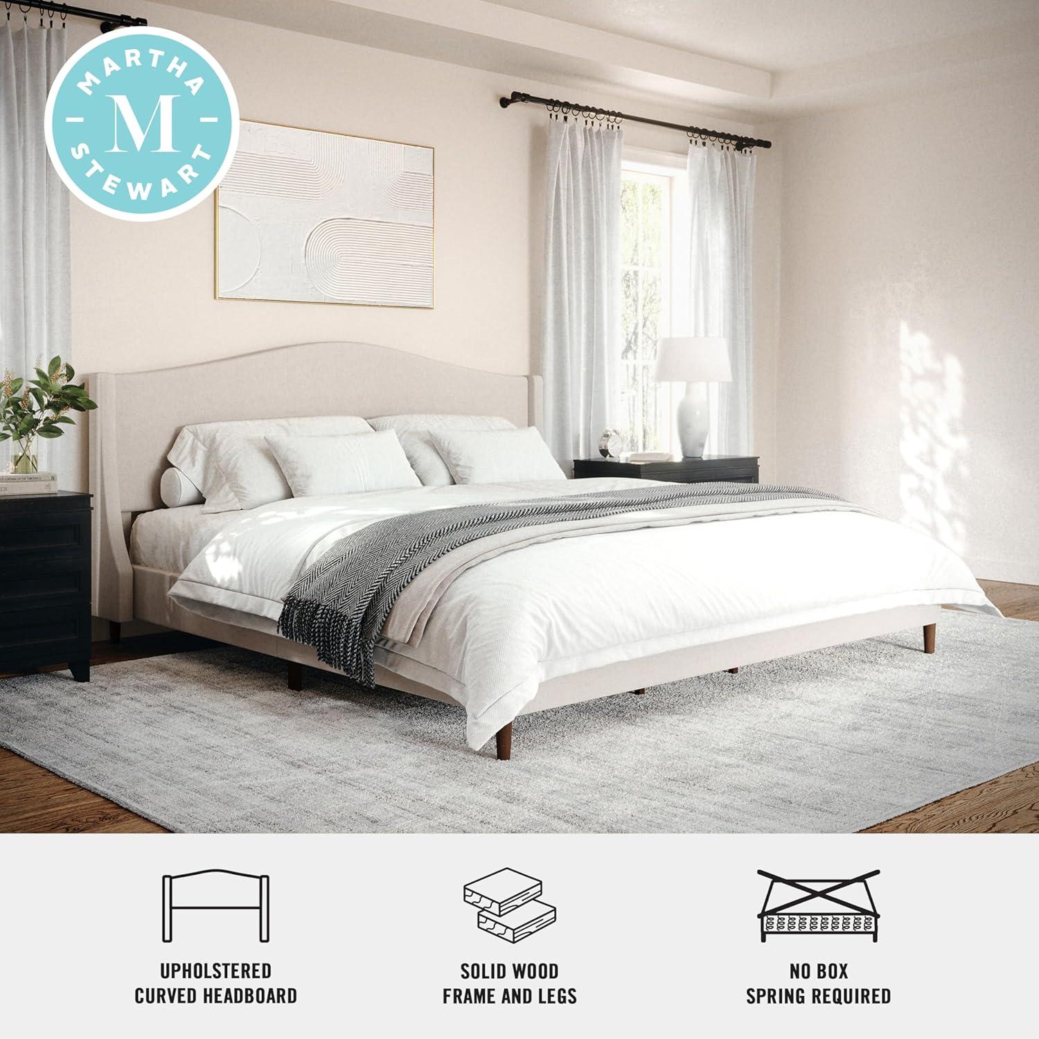 imageMartha Stewart Amelia Platform Bed with Curved Headboard and Cushioned Side Rails Faux Linen Upholstery Wood Slat Foundation No Box Spring Needed Queen BeigeBeige FabricWalnut Legs