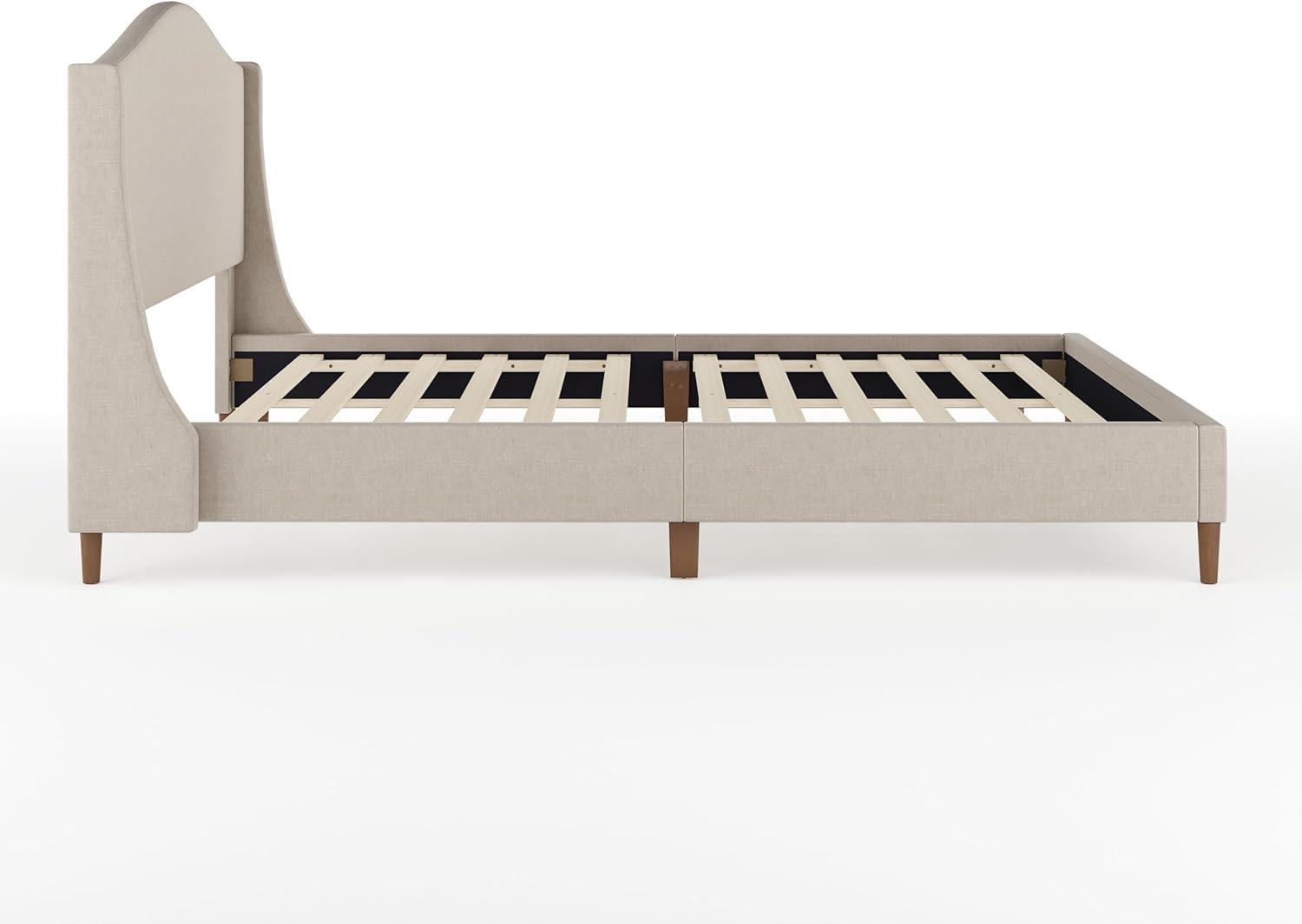 imageMartha Stewart Amelia Platform Bed with Curved Headboard and Cushioned Side Rails Faux Linen Upholstery Wood Slat Foundation No Box Spring Needed Queen BeigeBeige FabricWalnut Legs