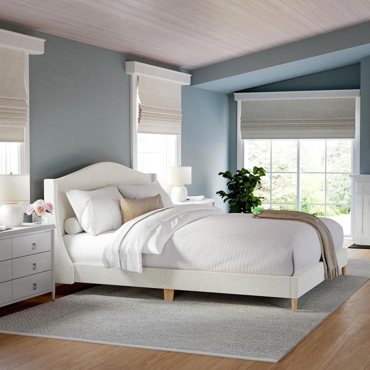 imageMartha Stewart Amelia Platform Bed with Curved Headboard and Cushioned Side Rails Faux Linen Upholstery Wood Slat Foundation No Box Spring Needed Queen BeigeOffwhite BoucleLight Beech Legs