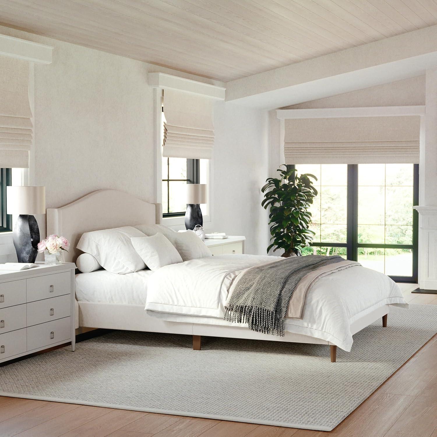 imageMartha Stewart Amelia Platform Bed with Curved Headboard and Cushioned Side Rails Faux Linen Upholstery Wood Slat Foundation No Box Spring Needed Queen BeigeBeige FabricWalnut Legs