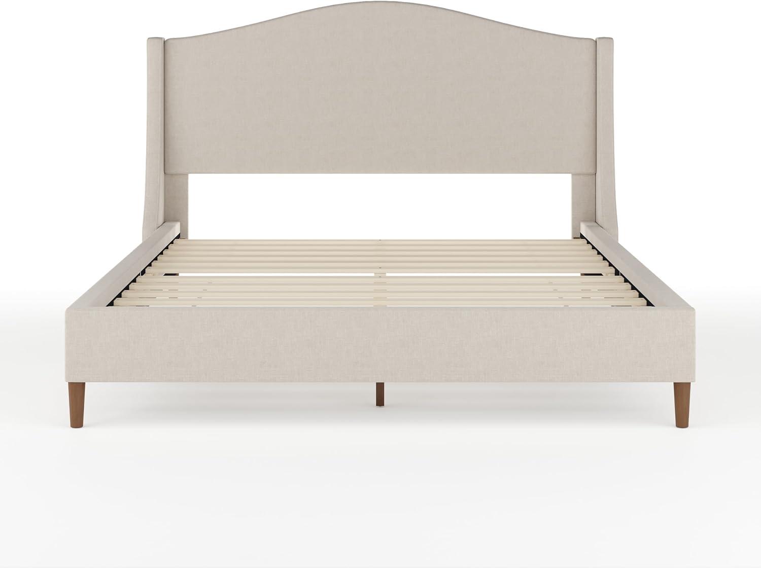 imageMartha Stewart Amelia Platform Bed with Curved Headboard and Cushioned Side Rails Faux Linen Upholstery Wood Slat Foundation No Box Spring Needed Queen BeigeBeige FabricWalnut Legs