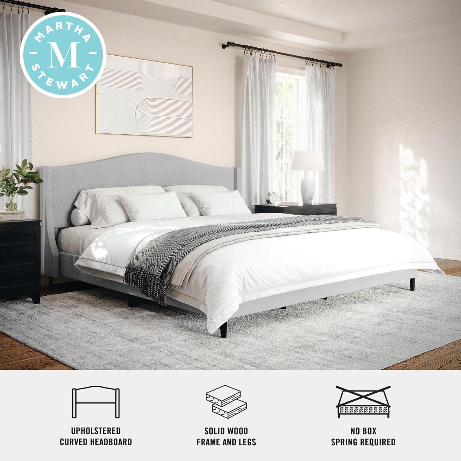 imageMartha Stewart Amelia Platform Bed with Curved Headboard and Cushioned Side Rails Faux Linen Upholstery Wood Slat Foundation No Box Spring Needed Queen BeigeGray FabricBlack Legs