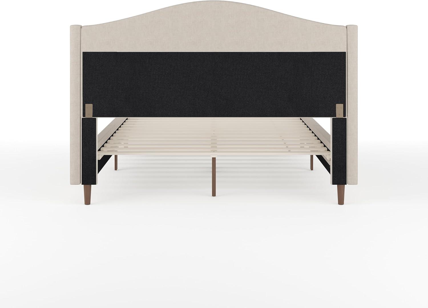 imageMartha Stewart Amelia Platform Bed with Curved Headboard and Cushioned Side Rails Faux Linen Upholstery Wood Slat Foundation No Box Spring Needed Queen BeigeBeige FabricWalnut Legs