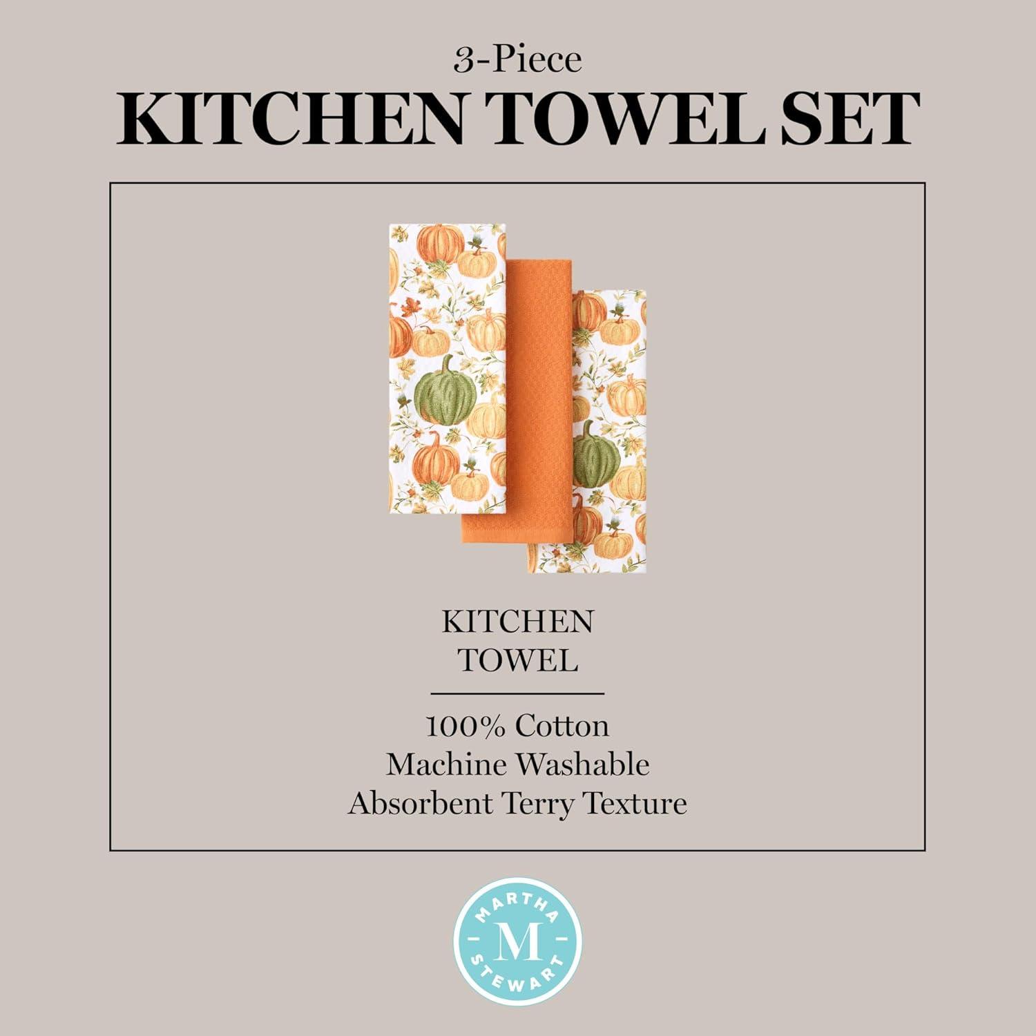 imageMartha Stewart Autumn Harvest Pumpkins Kitchen Towel 3Pack Set 100 Cotton with Absorbent Terrycloth Decorative Kitchen Towels OrangeGreenIvory 16quotx28quotOrangeGreenIvory