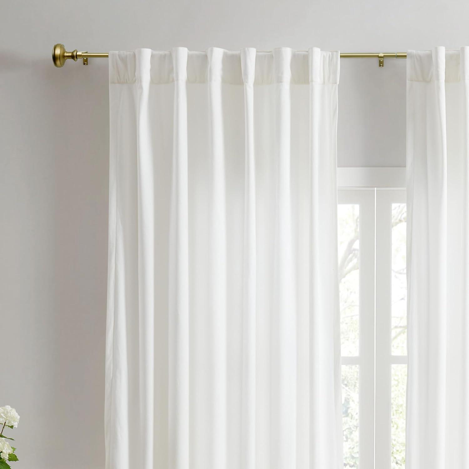 imageMartha Stewart Barrington Curtain Rod for Windows 36 to 66 inches Adjustable Length 75 inch Diameter Metal Curtain Rod with Round Finials 36 66 Matte BlackGold
