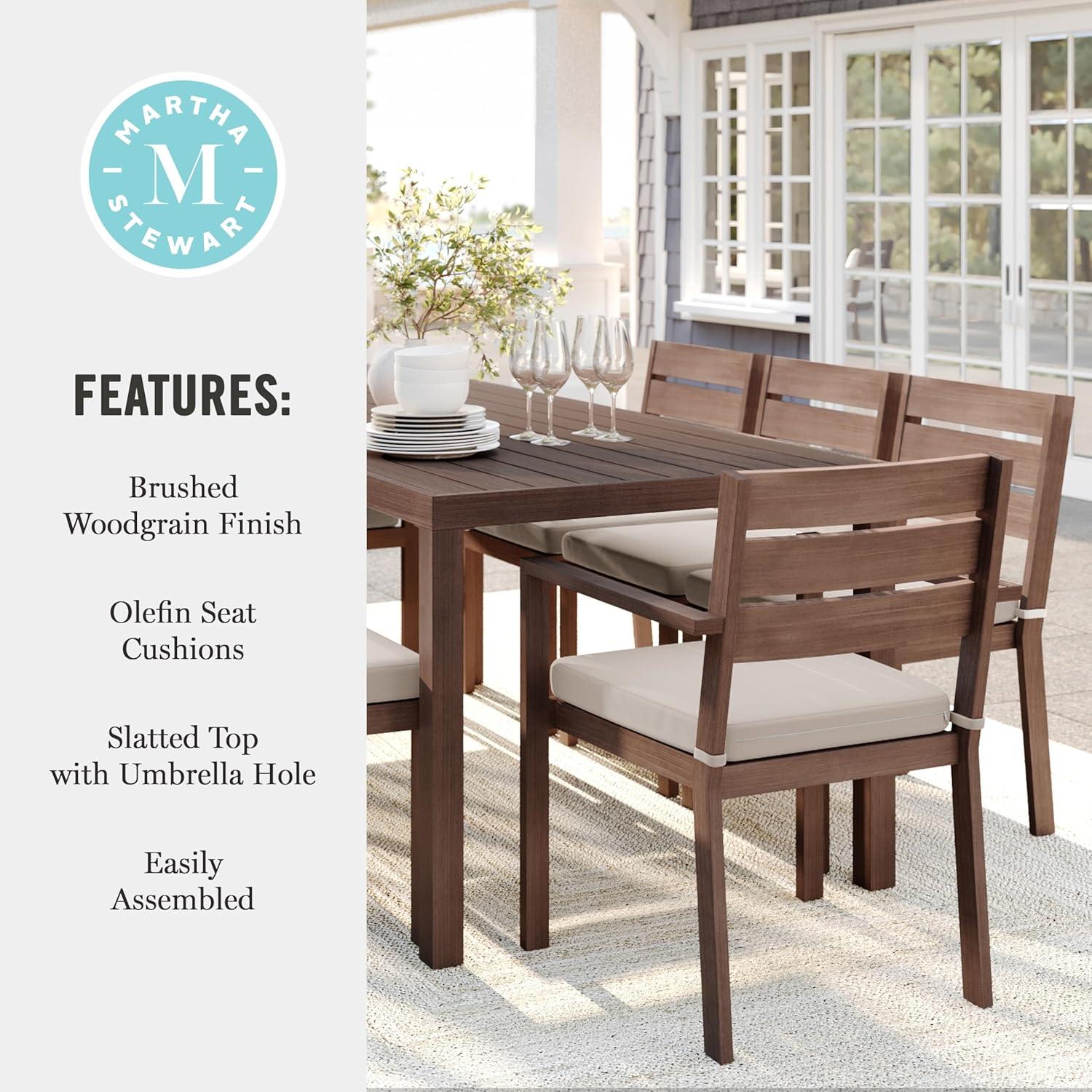 imageMartha Stewart Bedford 9 Piece Patio Set with 71quot Table and 8 Stackable Chairs with Brown Brushed Woodgrain Aluminum Finish Cream AllWeather Seat Cushions