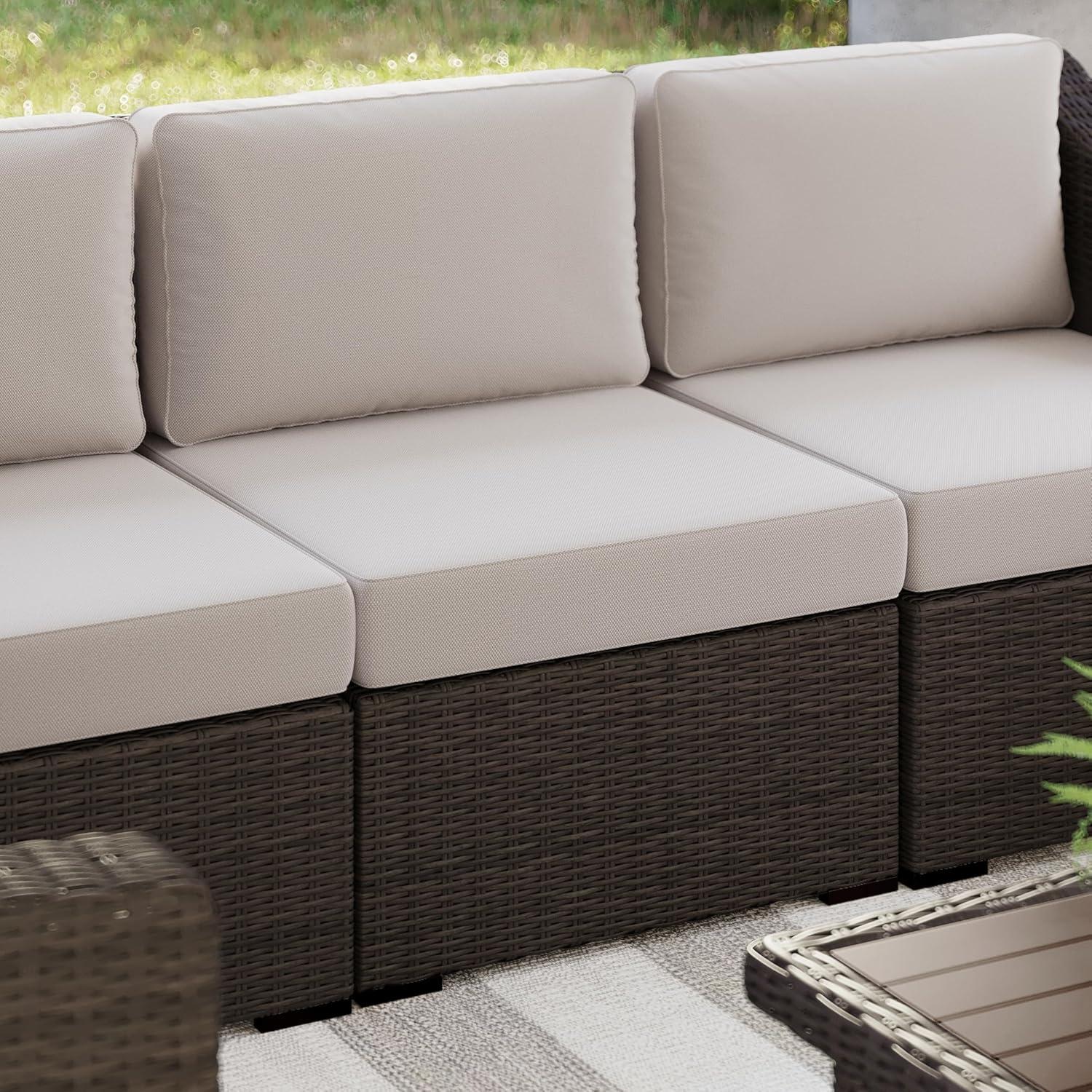 imageMartha Stewart Bedford IndoorOutdoor Modular Patio Sectional Sofa Center Seat with Rattan Wicker Finish in Gray with Gray AllWeather CushionsTan CushionsBrown Frame