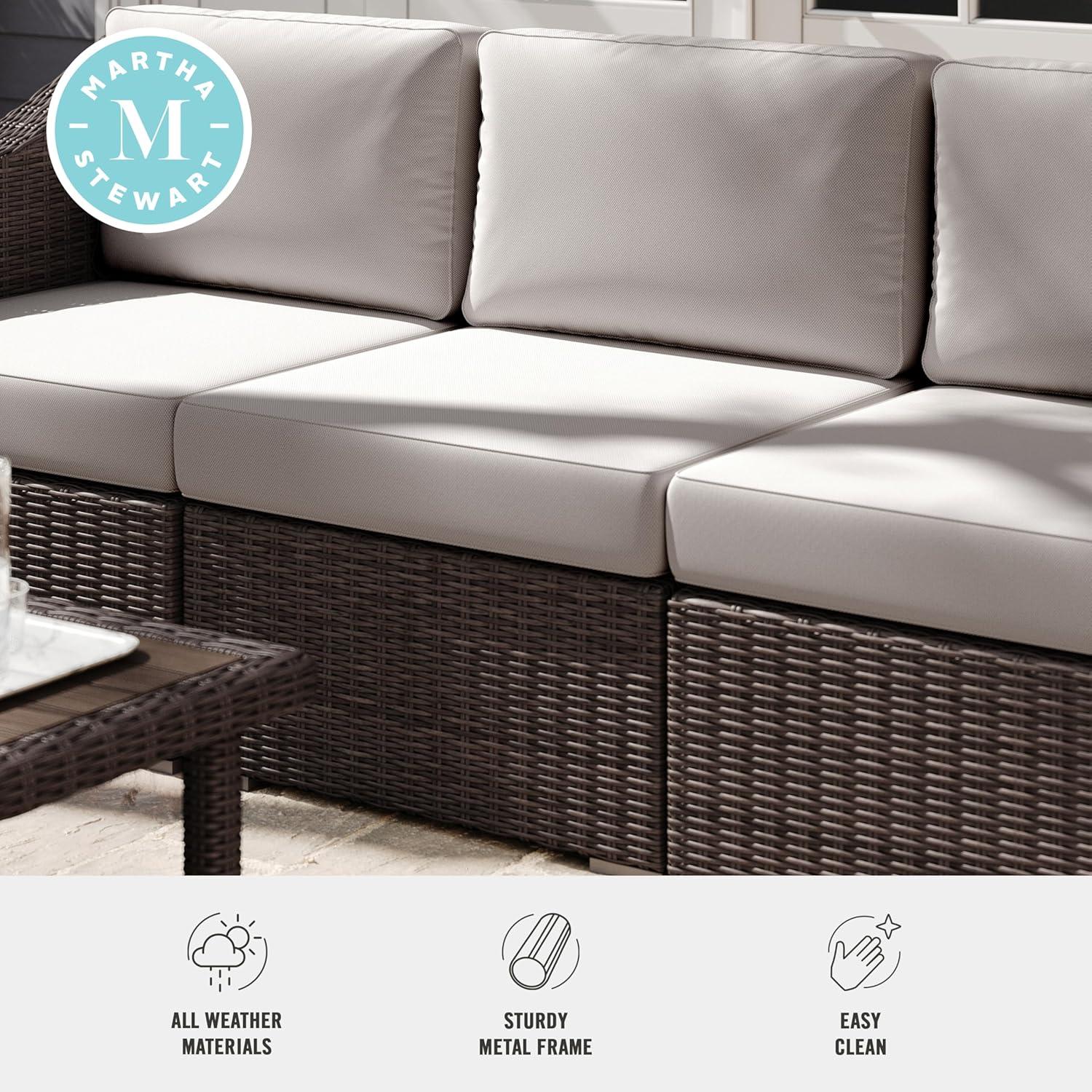 imageMartha Stewart Bedford IndoorOutdoor Modular Patio Sectional Sofa Center Seat with Rattan Wicker Finish in Gray with Gray AllWeather CushionsTan CushionsBrown Frame