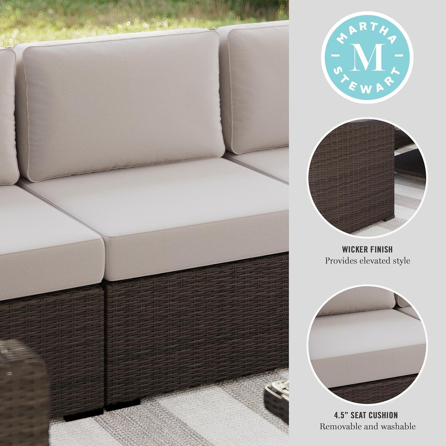 imageMartha Stewart Bedford IndoorOutdoor Modular Patio Sectional Sofa Center Seat with Rattan Wicker Finish in Gray with Gray AllWeather CushionsTan CushionsBrown Frame