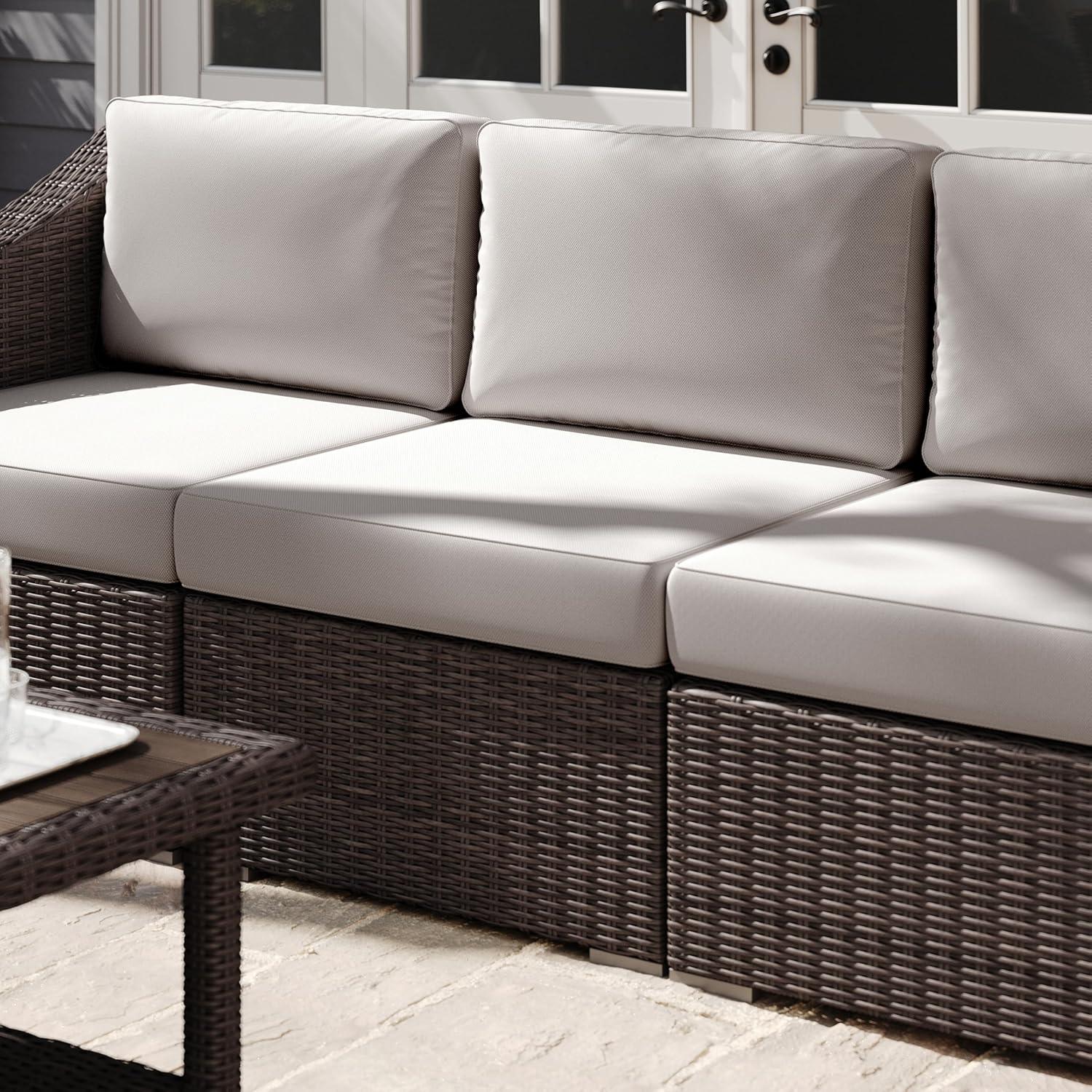 imageMartha Stewart Bedford IndoorOutdoor Modular Patio Sectional Sofa Center Seat with Rattan Wicker Finish in Gray with Gray AllWeather CushionsTan CushionsBrown Frame